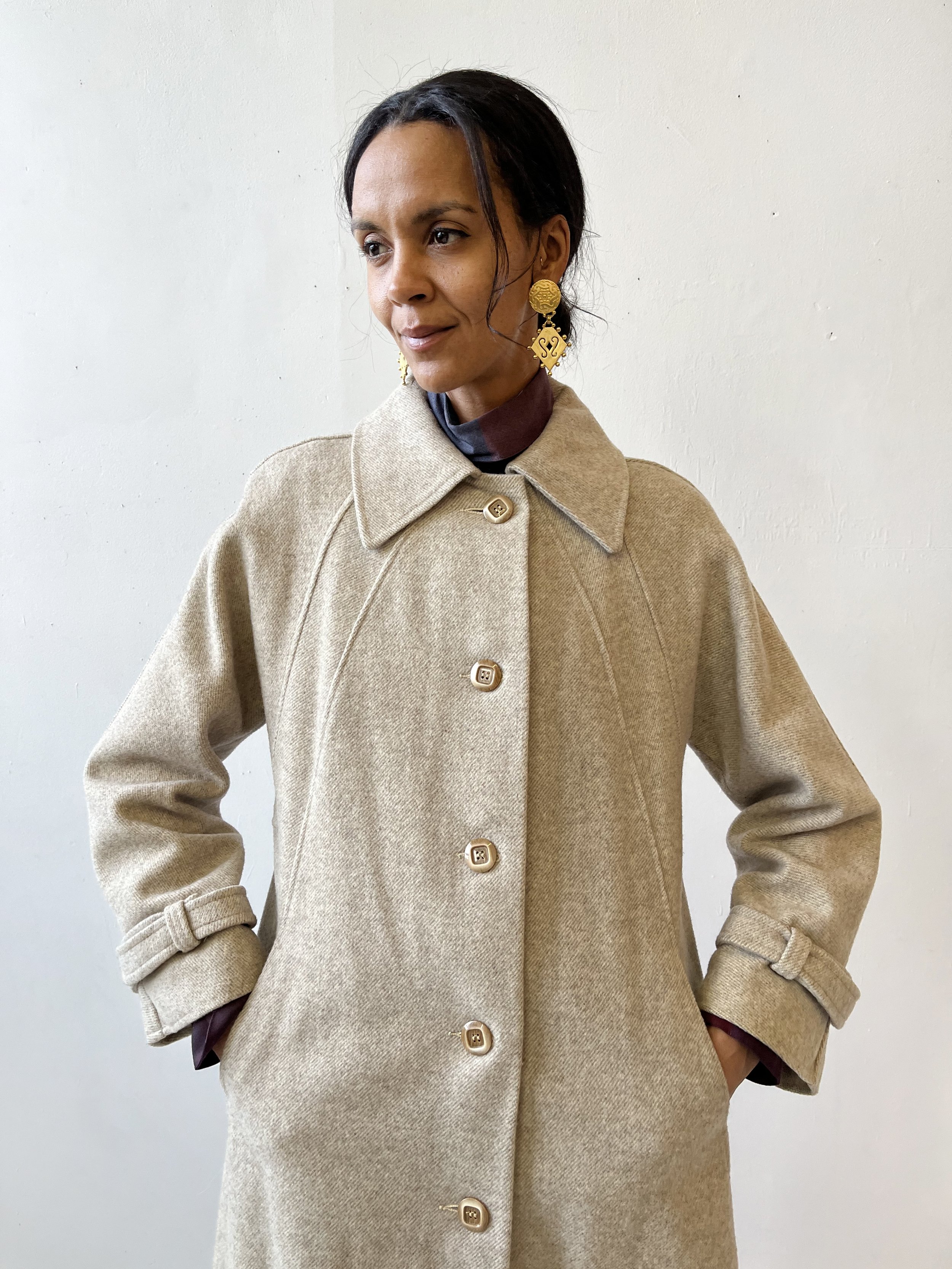 Vintage Oatmeal Heathered Wool Button-Front Swing Coat, Circa 