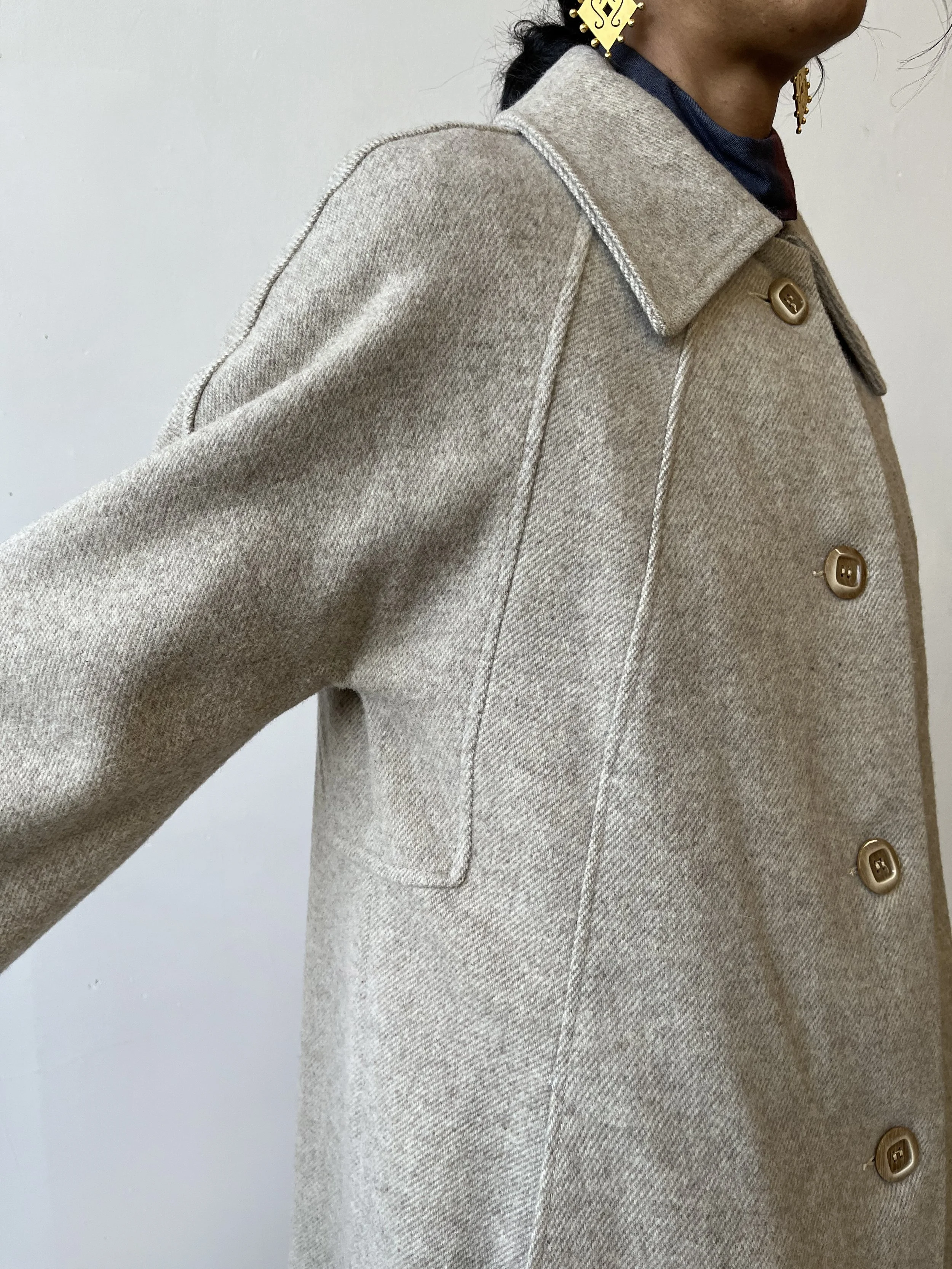 Vintage Oatmeal Heathered Wool Button-Front Swing Coat, Circa 