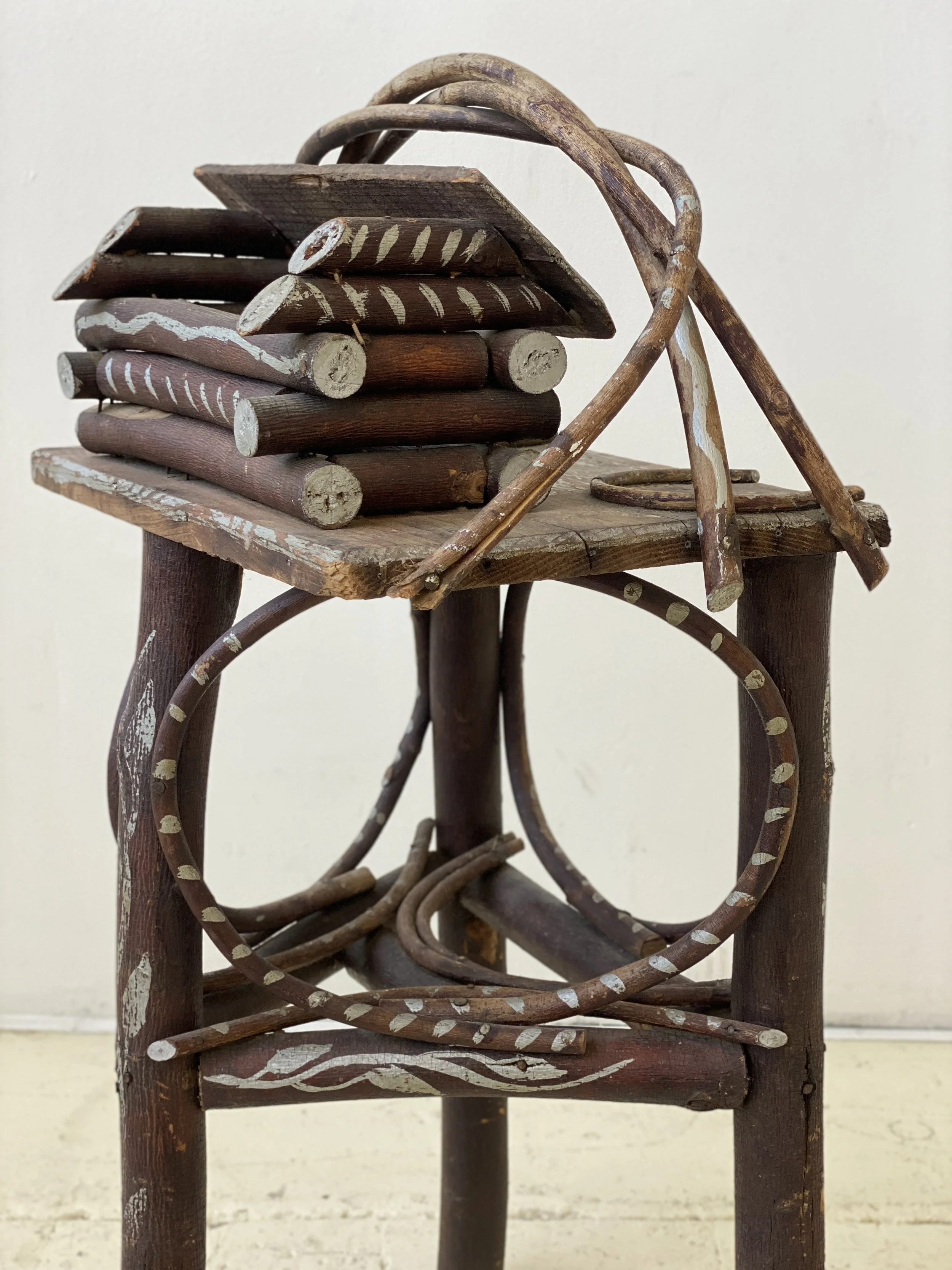 Antique Folk Art Adirondack Twig Smoking Table with Log Cabin Box