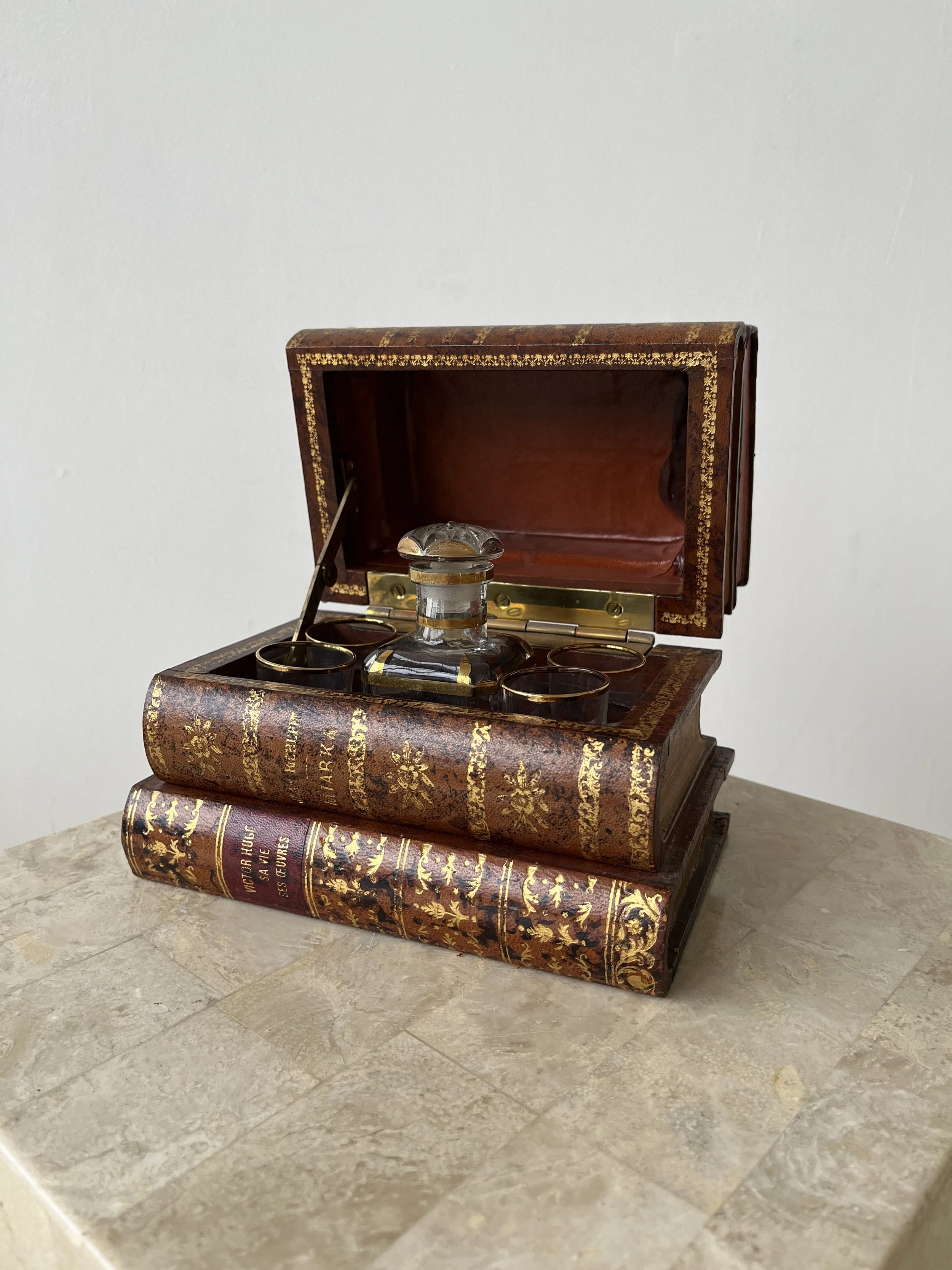 Antique Leather Bound Book Form Liquor Tantalus, Circa Early