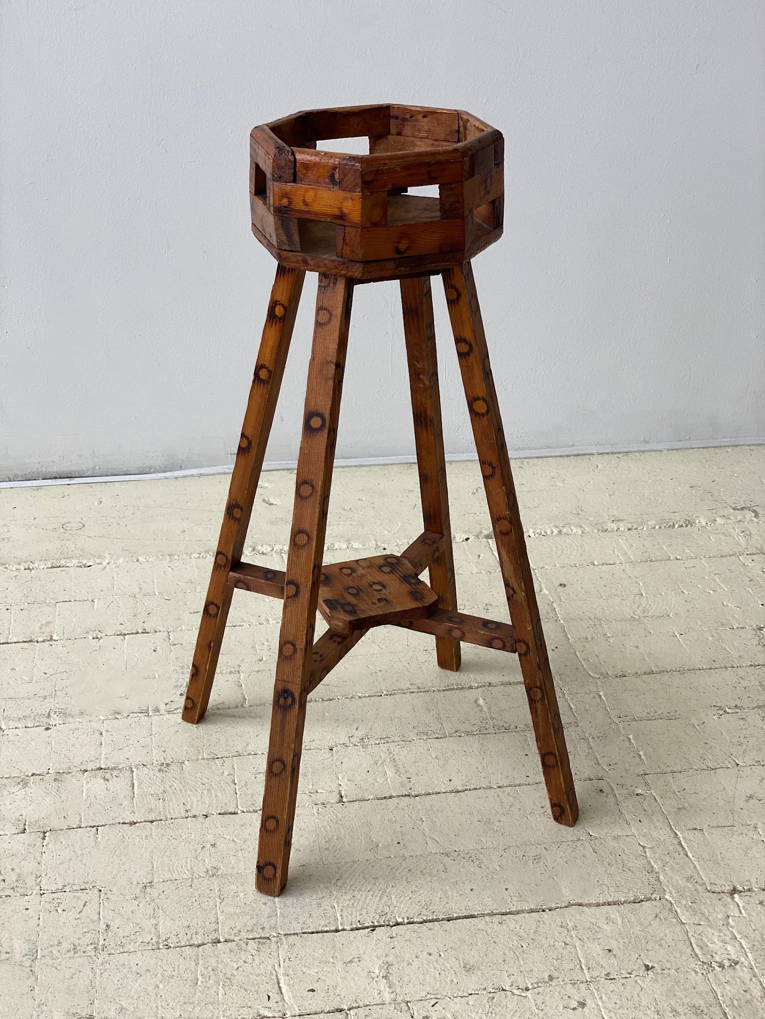 Vintage Pine Wood Folk Art Plant Stand with Branding Spot Motif