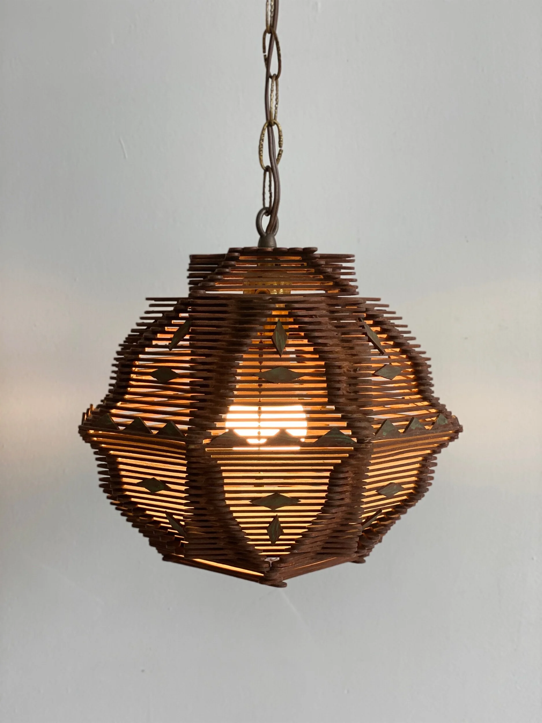 Vintage Tramp Art Popsicle Stick Orb Pendant Lamp, Circa 1950s