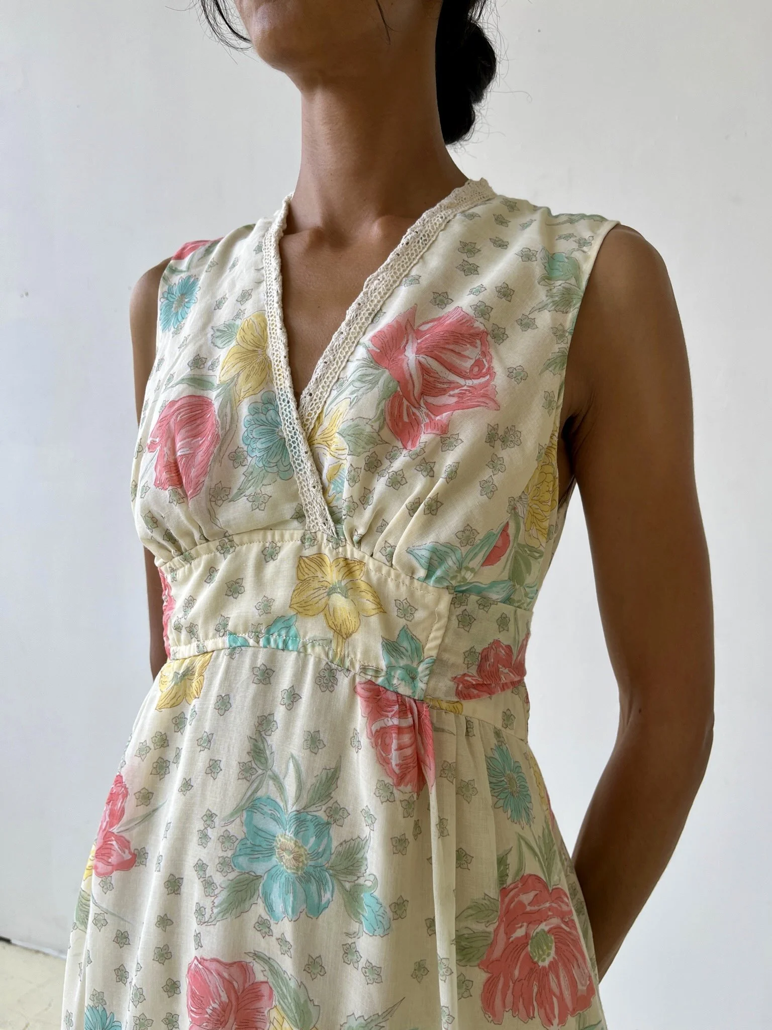 Vintage Gauzy Cotton Floral Print Empire Waist Maxi Dress, Circa 1970s  portmanteau New york
