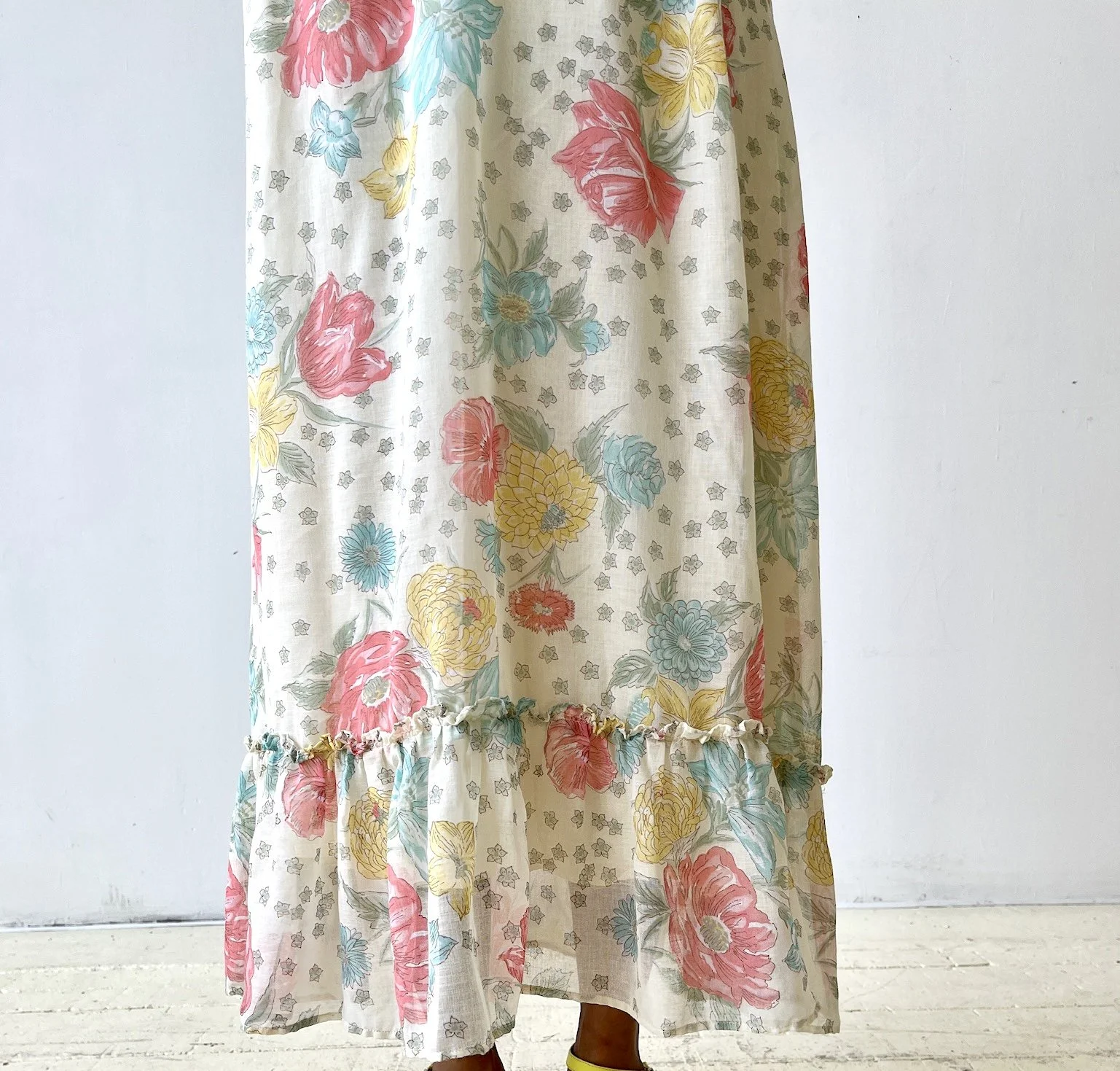 Vintage Gauzy Cotton Floral Print Empire Waist Maxi Dress, Circa 1970s   portmanteau new york