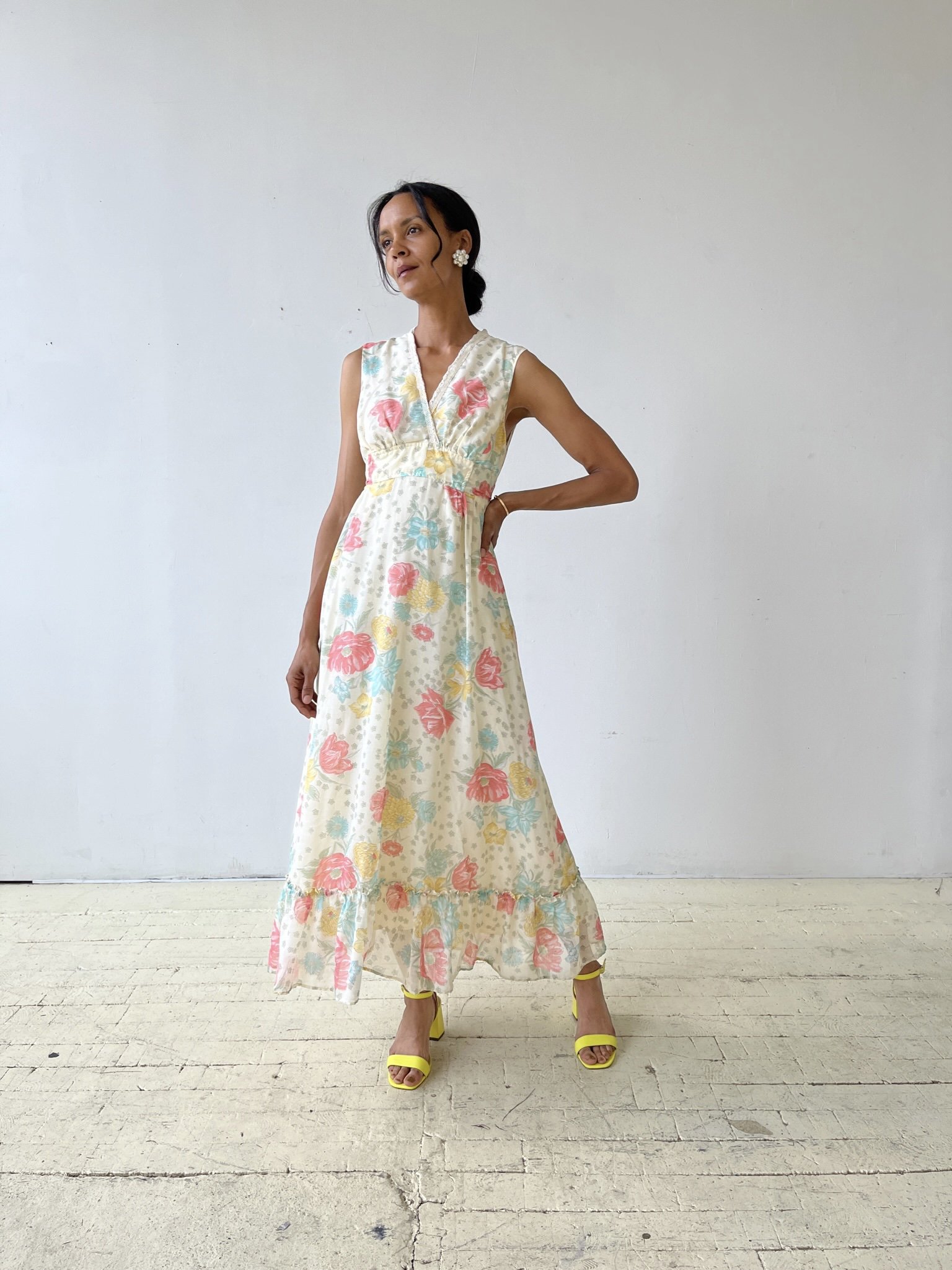 Vintage Gauzy Cotton Floral Print Empire Waist Maxi Dress, Circa 1970s —  portmanteau new york