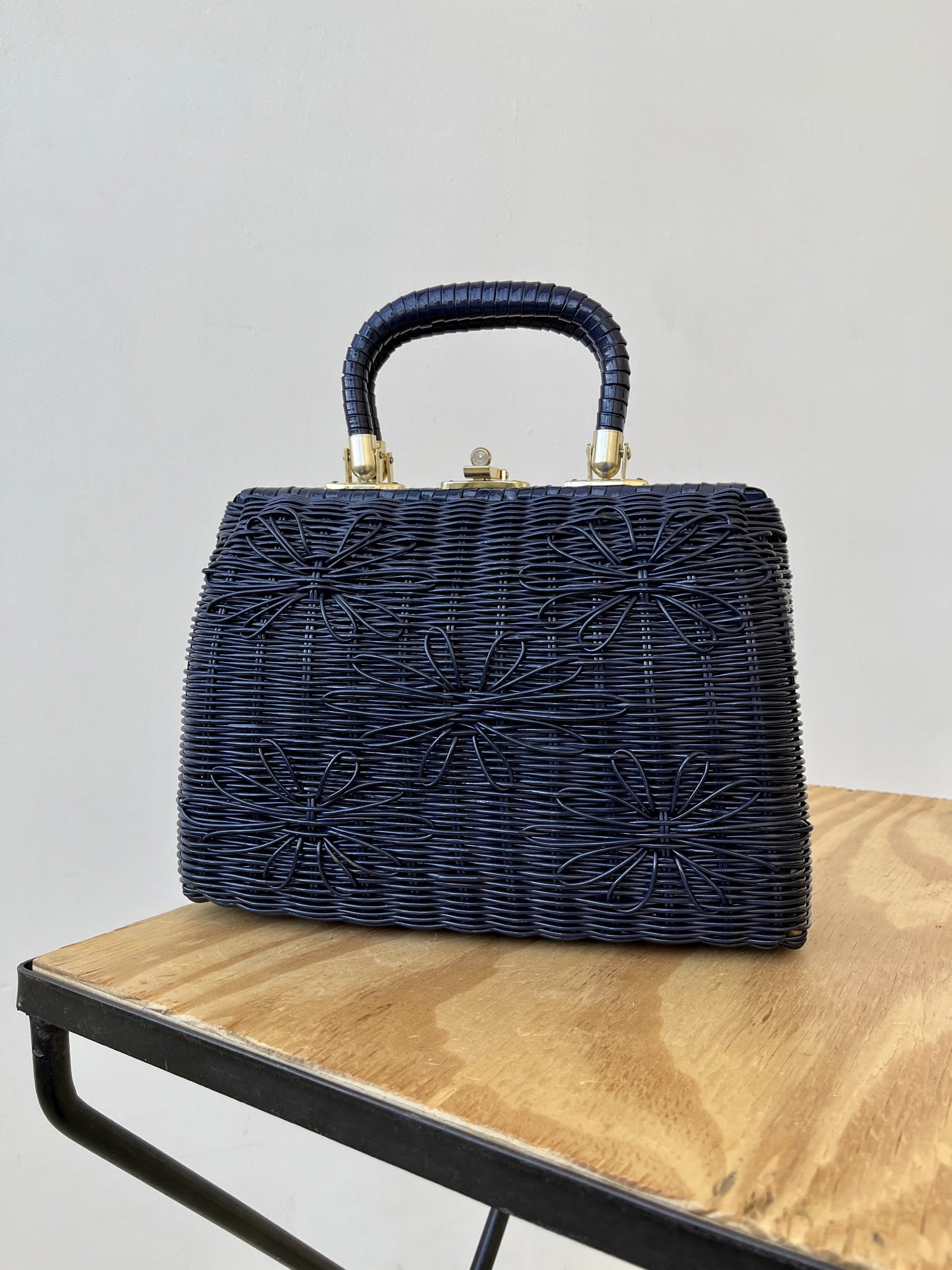 Vintage Marchioness Midnight Blue Plastic Coated Straw Top Handle Purse  with Floral Detail, Circa 19 — portmanteau new york
