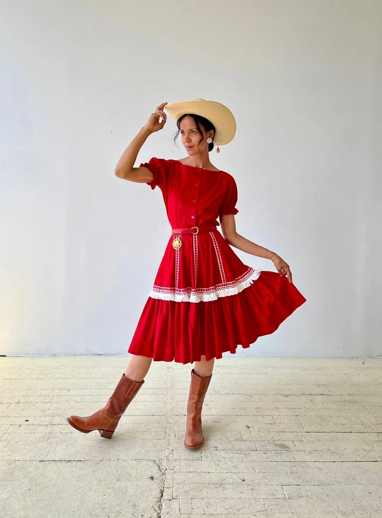 Vintage Tomato Red Cotton Fringe Two-Piece Rodeo Skirt Set