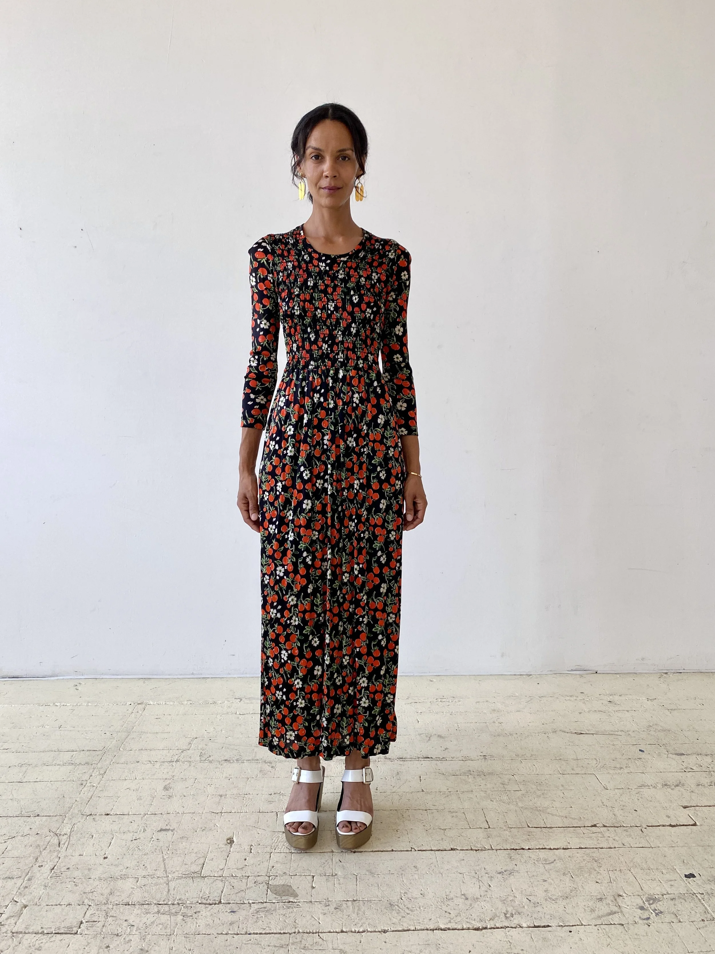 Vintage Shirred Cherry Print Maxi Dress, Circa 1970s  portmanteau new york