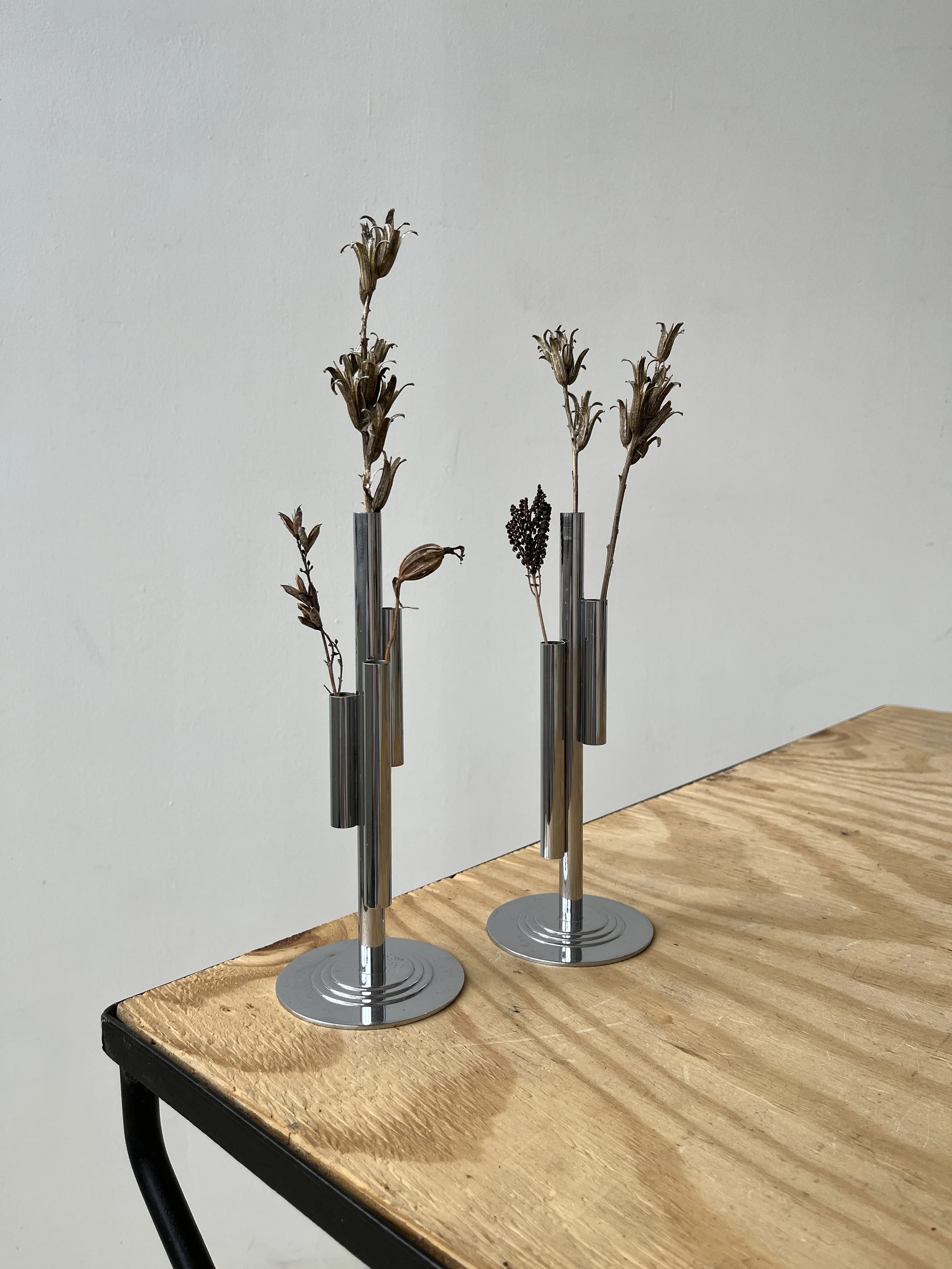 Vintage Chrome Stepped Bud Vase by Ruth Gerth for Chase Brass + Copper Co., A Pair, Circa 1930s