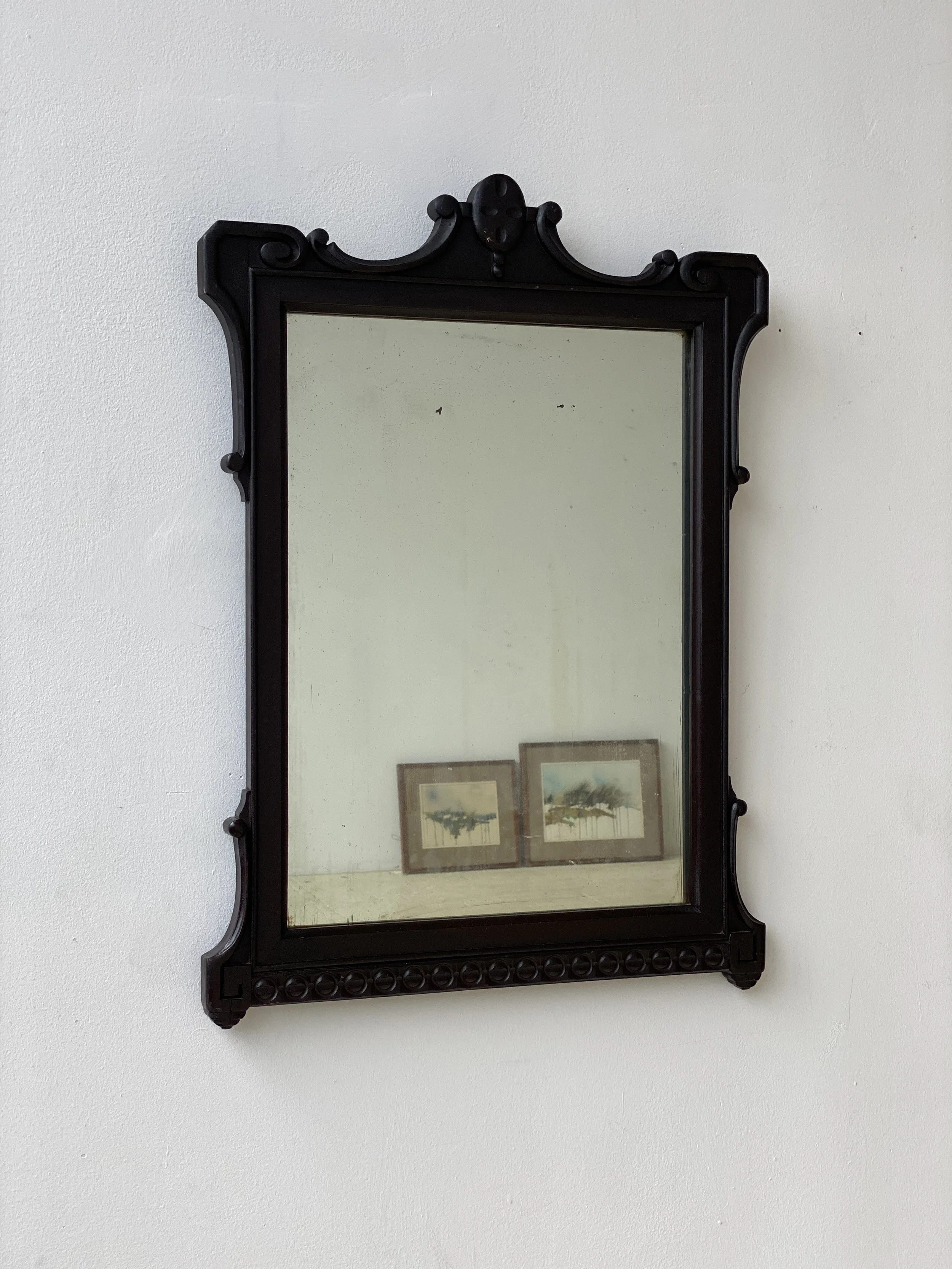 Antique Victorian Ebonized Wood Crown Topped Wall Mirror, Circa Early 1900s