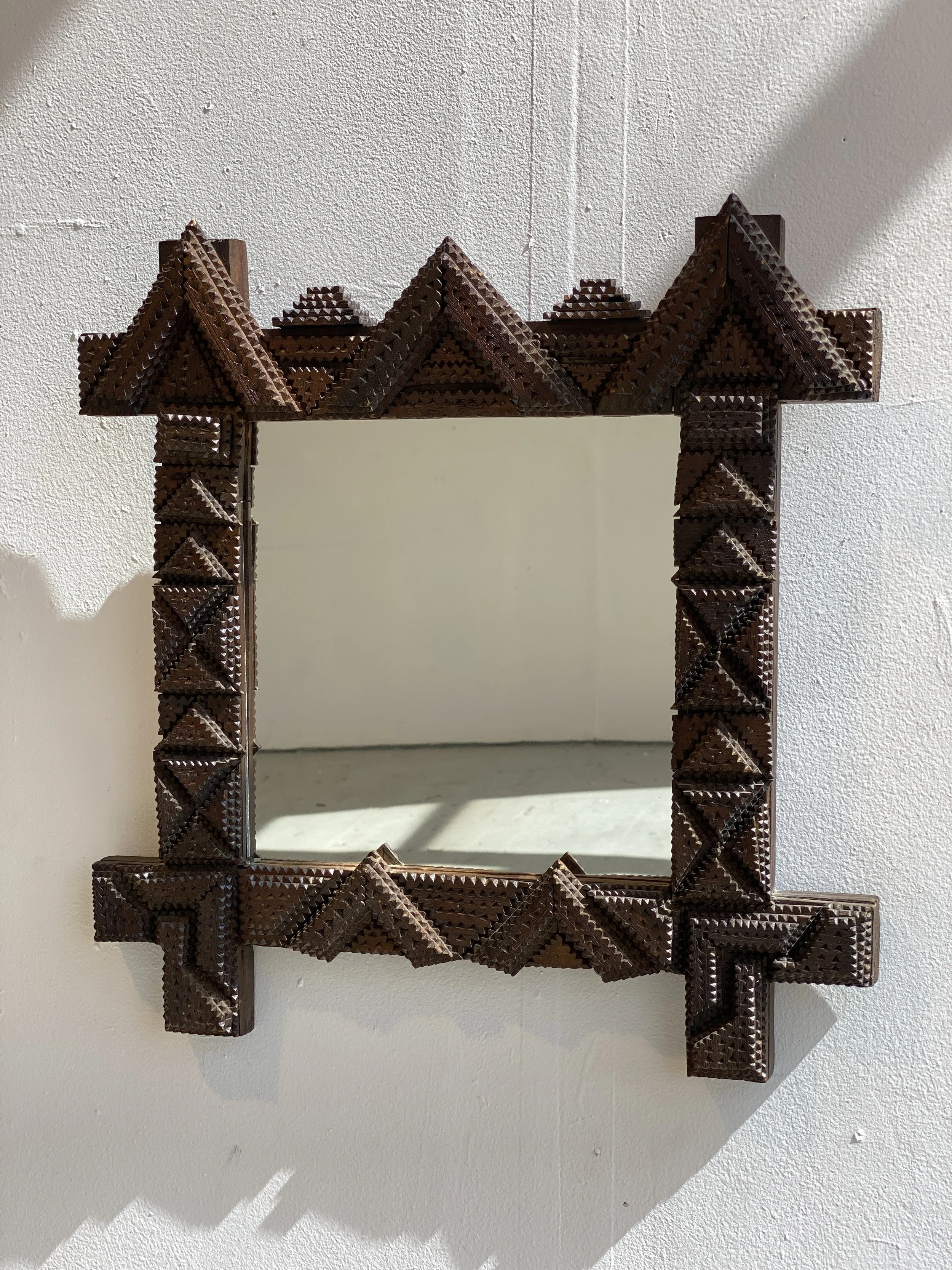 Antique Hand-Carved Wood Tramp Art Mirror, Circa Early 20th Century