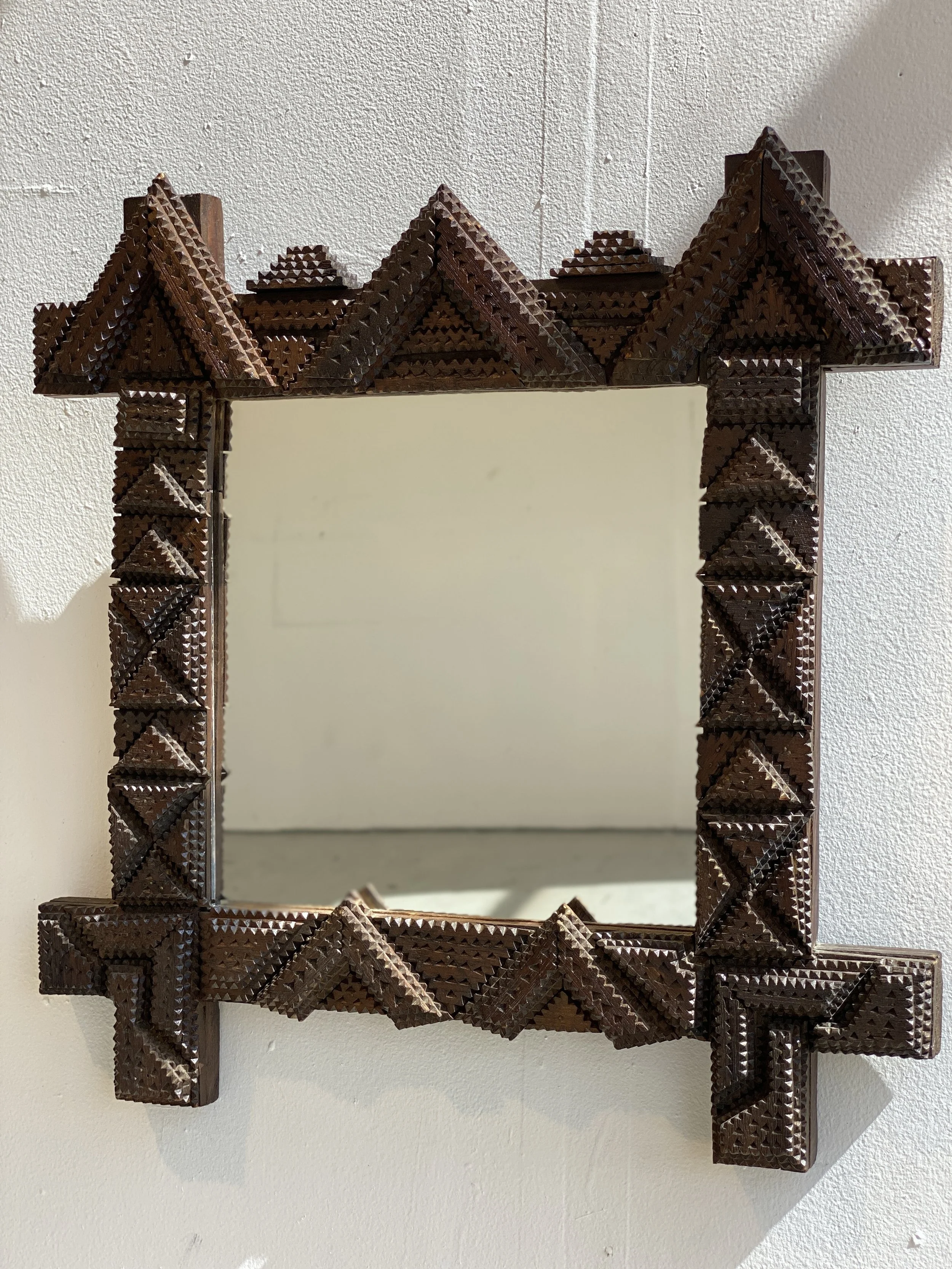 Antique Hand-Carved Wood Tramp Art Mirror, Circa Early 20th 