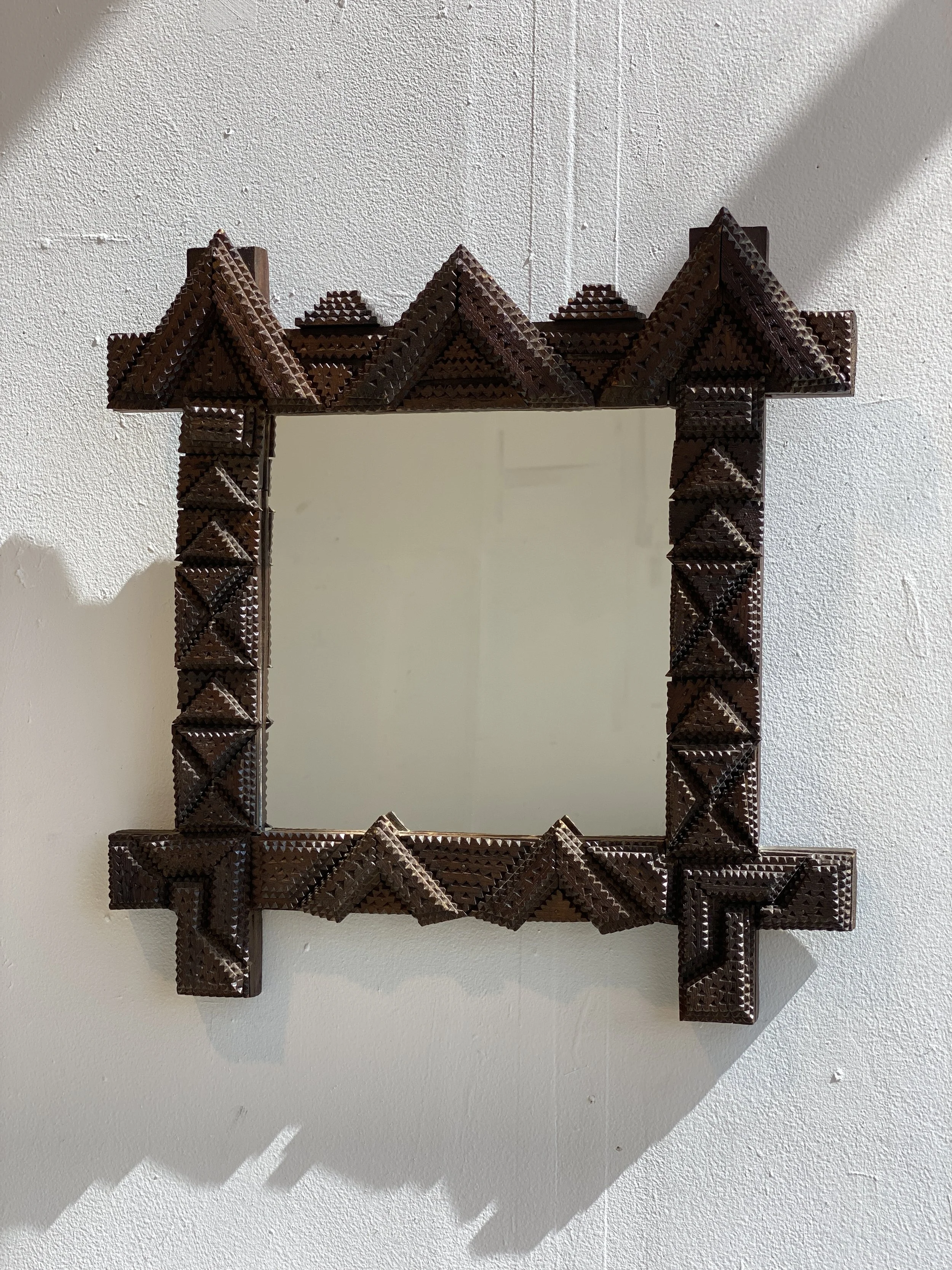 Antique Hand-Carved Wood Tramp Art Mirror, Circa Early 20th