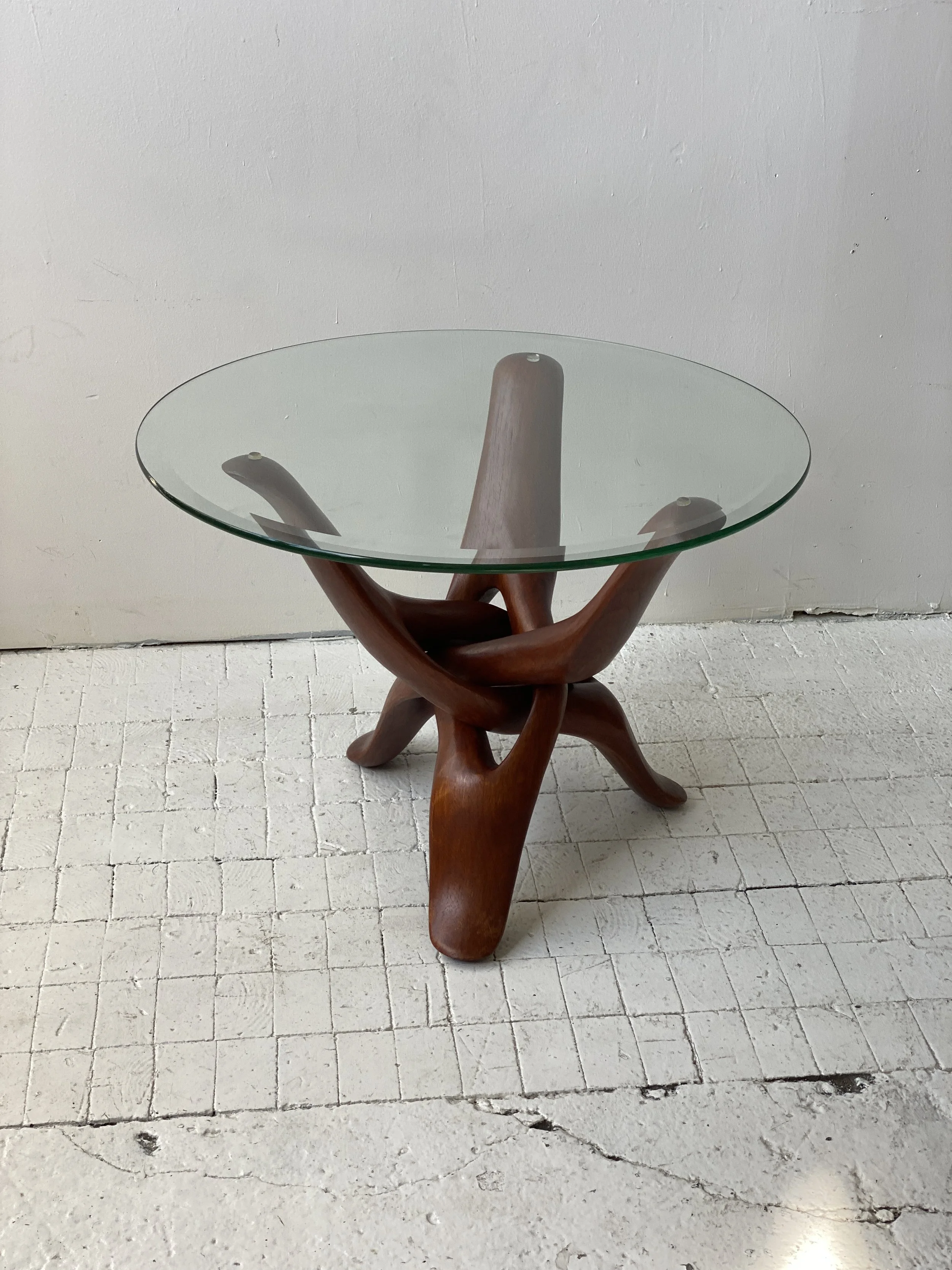 Vintage Mid-Century Interlocking Teak Tripod Base Table with Glass