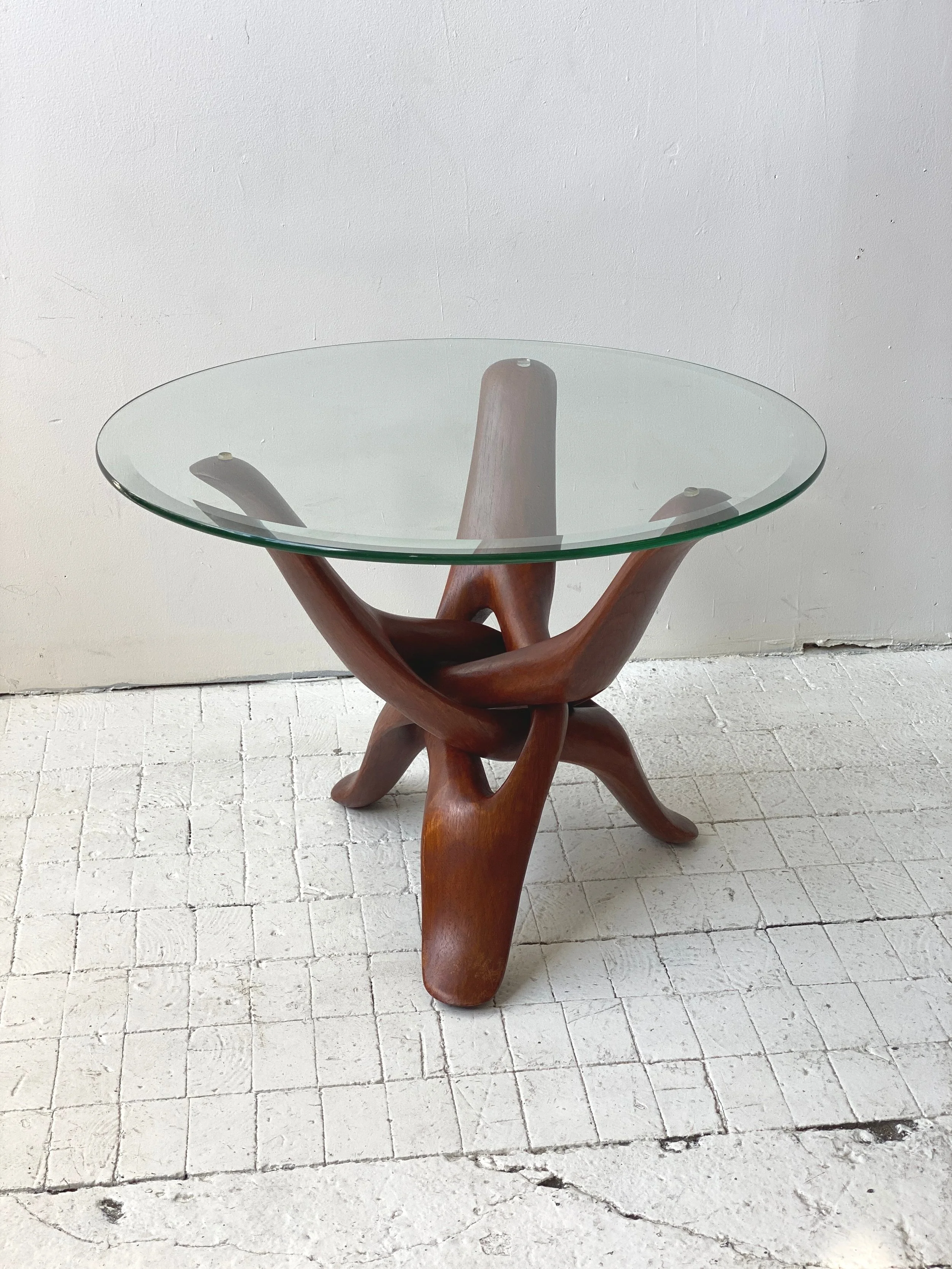Vintage Mid-Century Interlocking Teak Tripod Base Table with Glass 