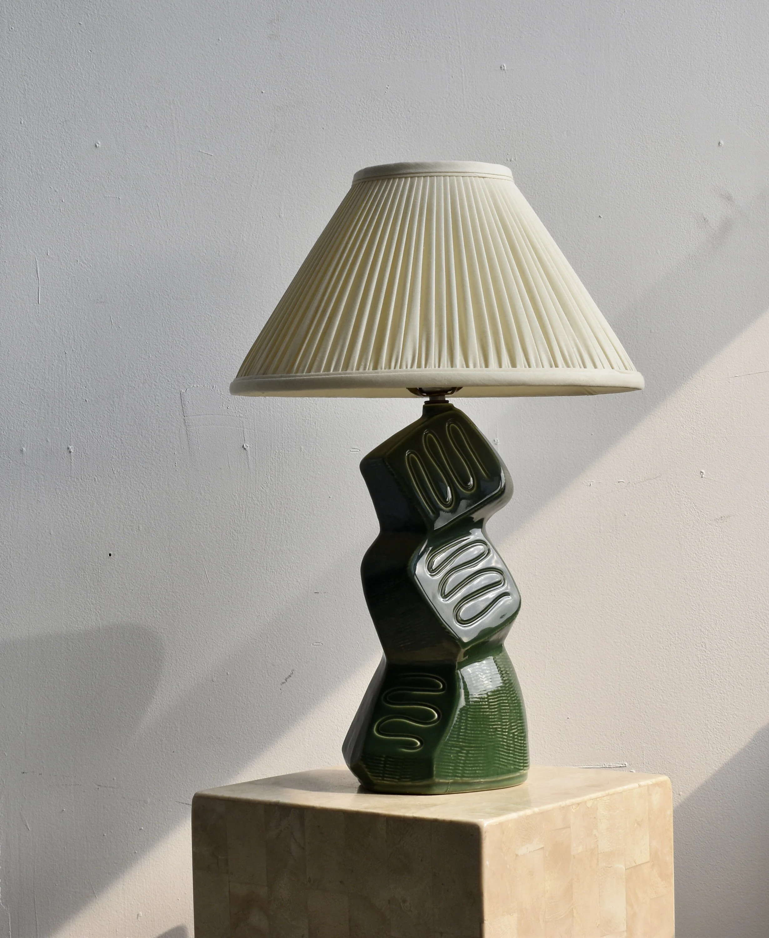 Vintage Luscious Green Abstract Ceramic Table Lamp with Incised