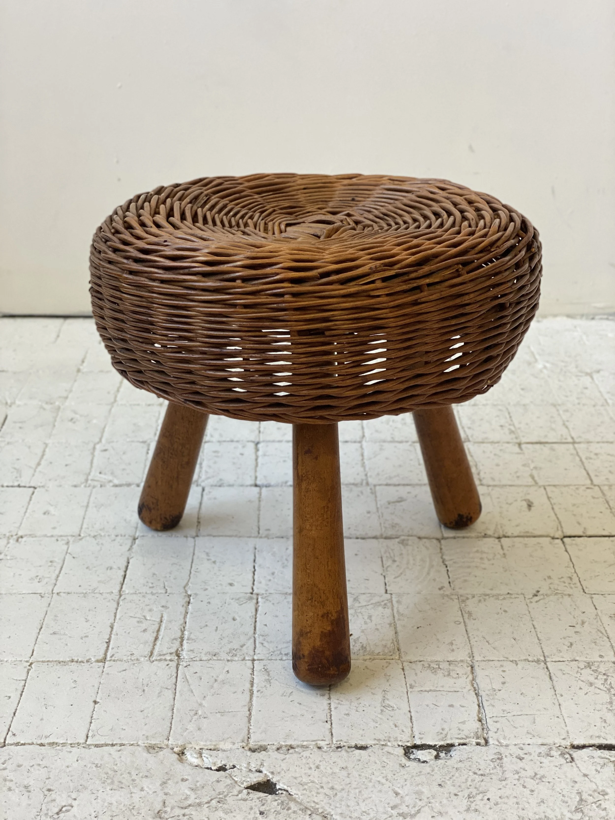 Vintage Tripod Wicker Stool Attributed to Tony Paul, Circa 1950s 