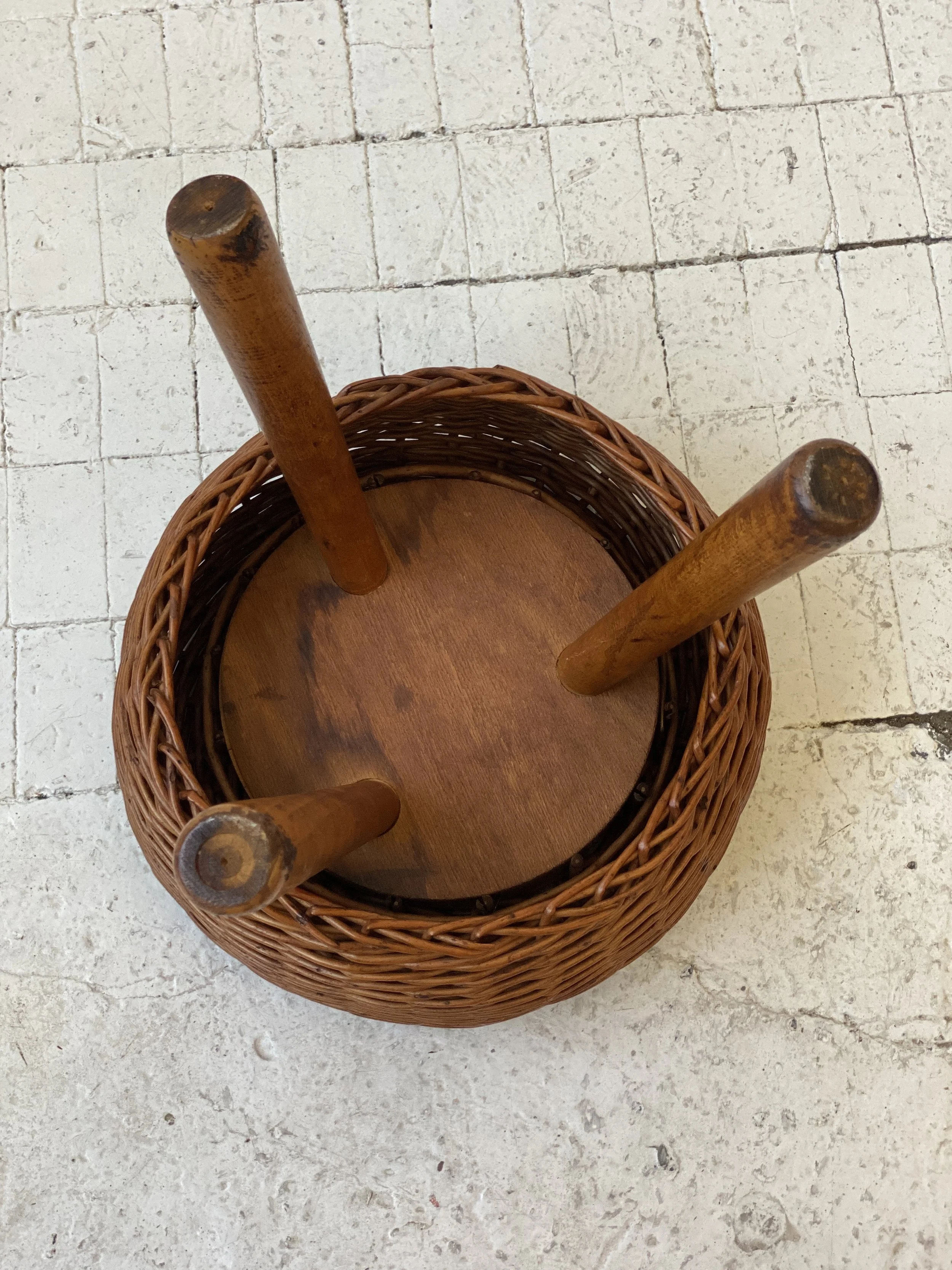 Vintage Tripod Wicker Stool Attributed to Tony Paul, Circa 1950s 