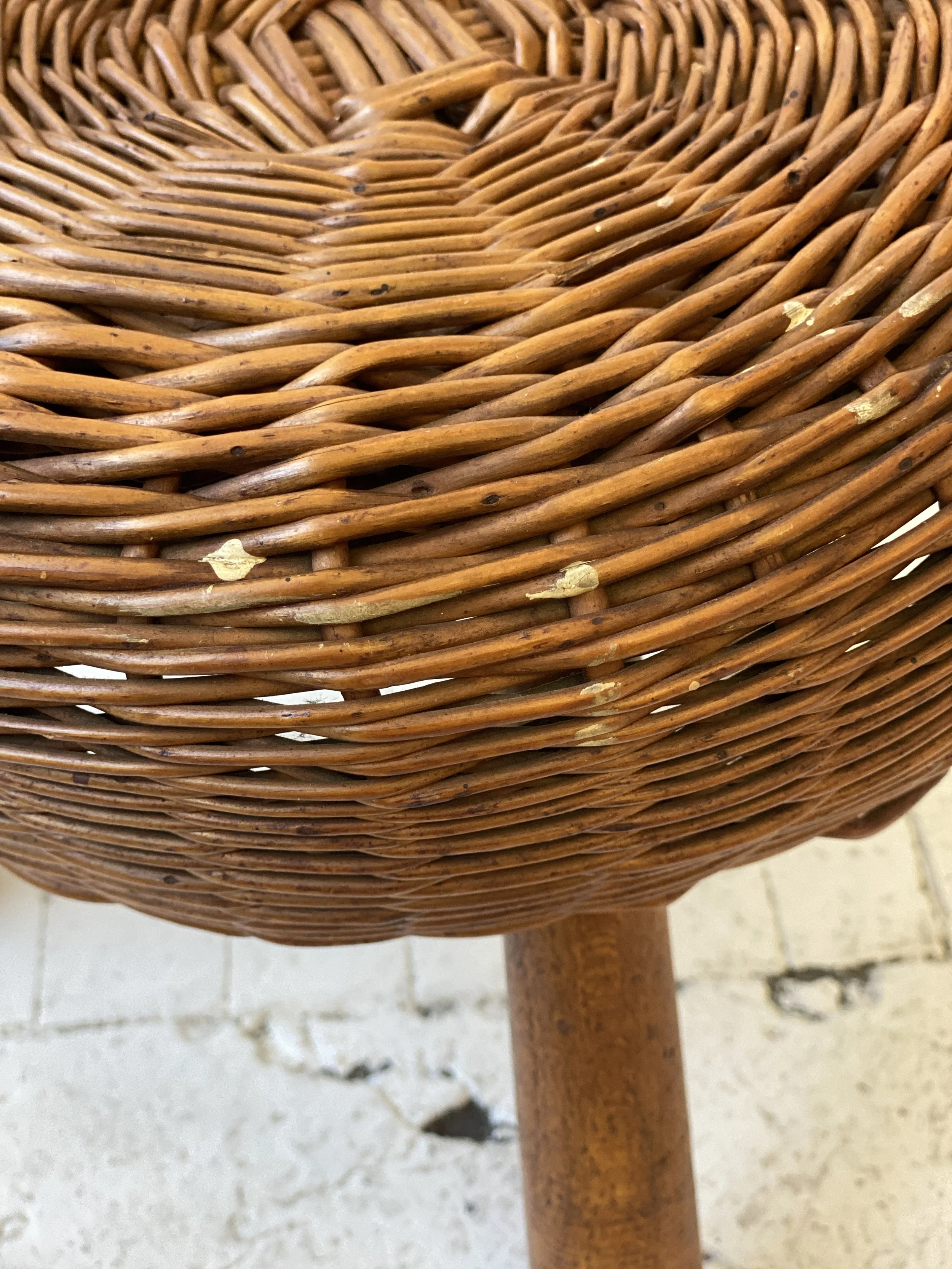 Vintage Tripod Wicker Stool Attributed to Tony Paul, Circa 1950s