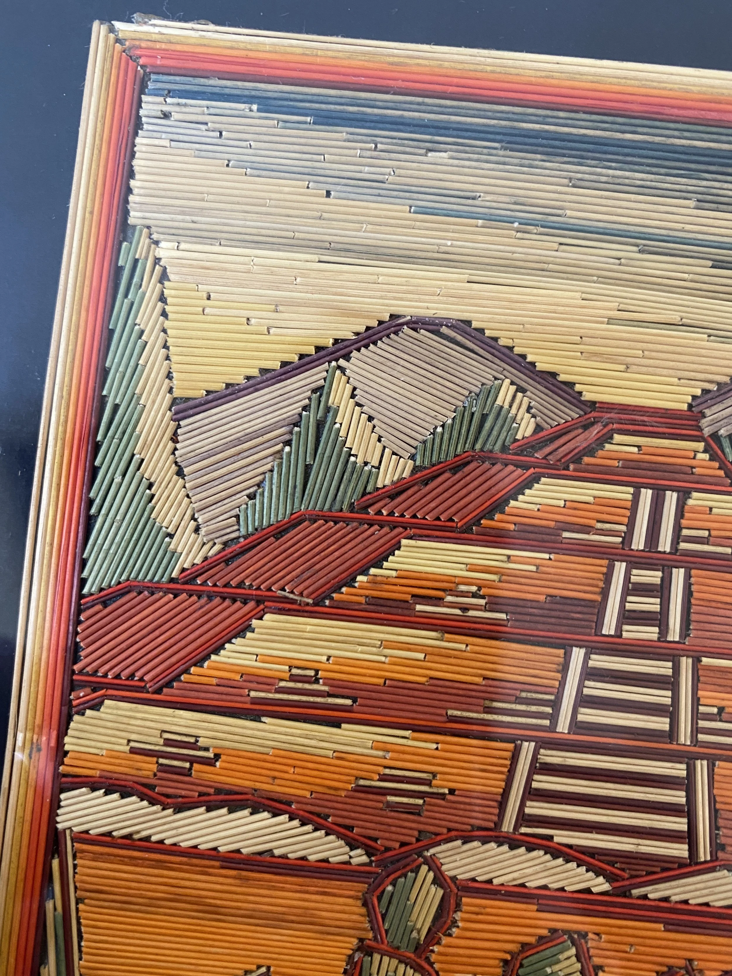 Vintage Vibrant Framed Scenic Mexican Popotillo Straw Art, A