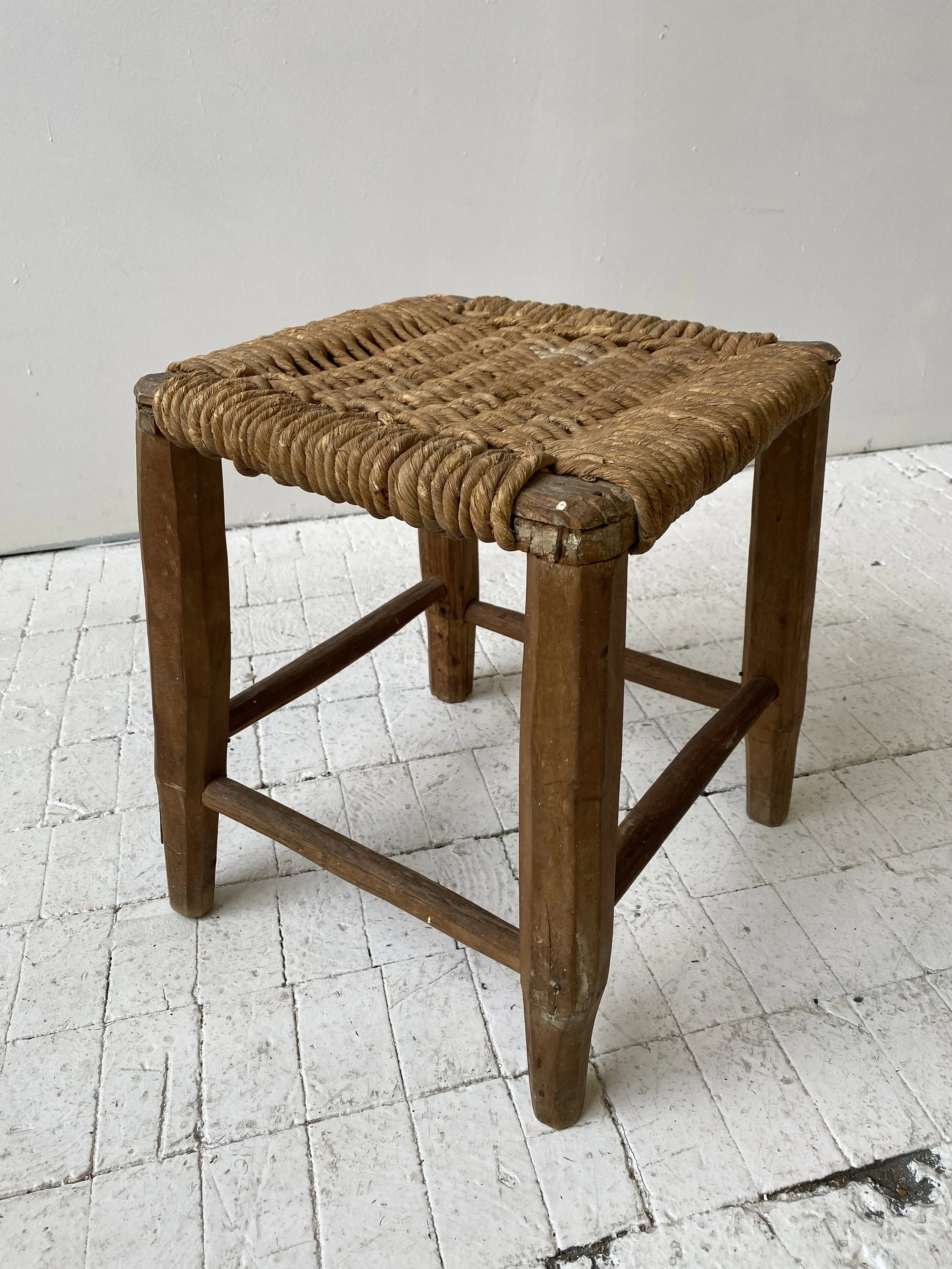 Antique Rustic Square Wood Frame Stools with Woven Seats, Circa