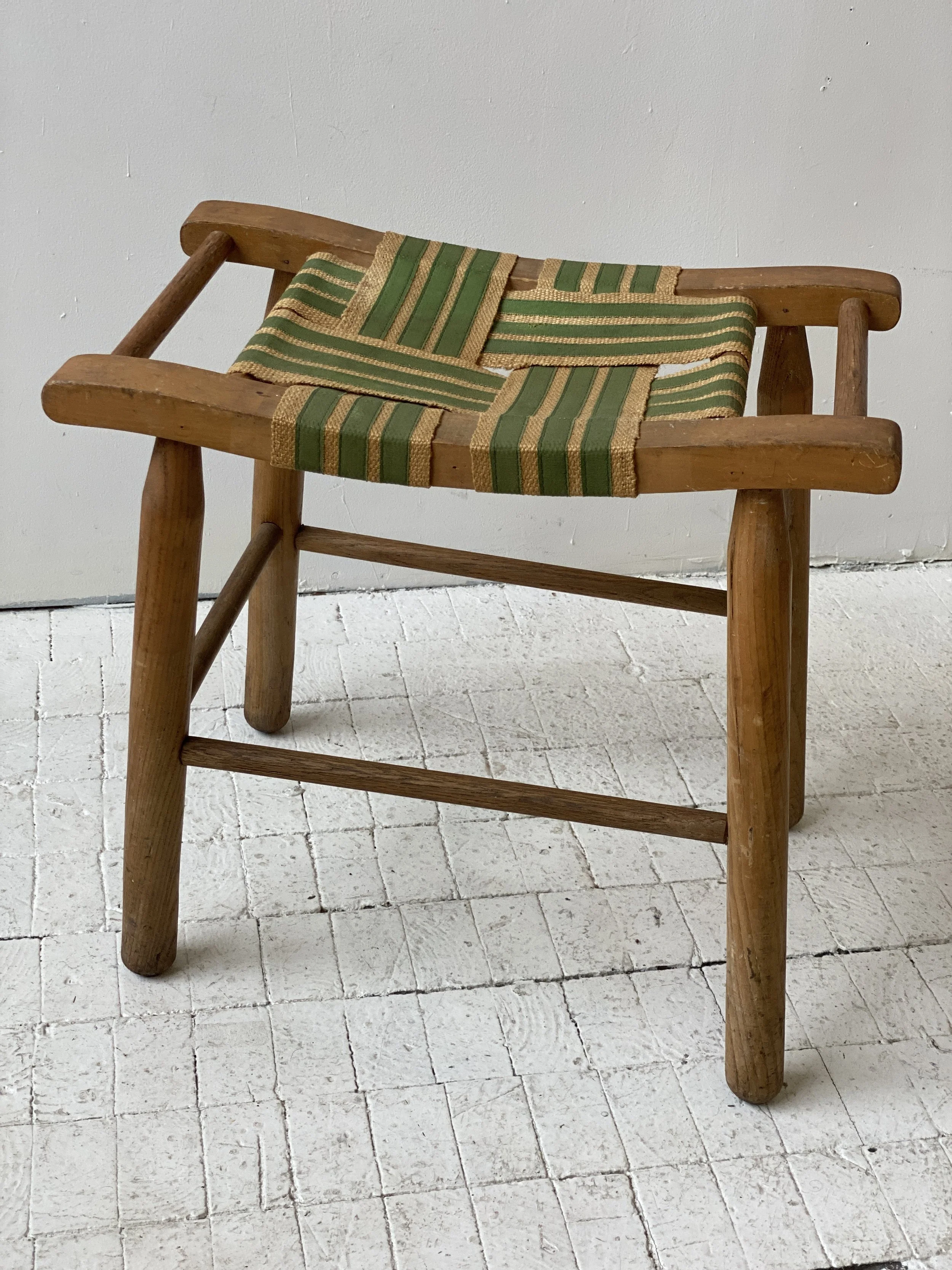 Vintage Oak Frame Stool With Woven Burlap + Green Grosgrain