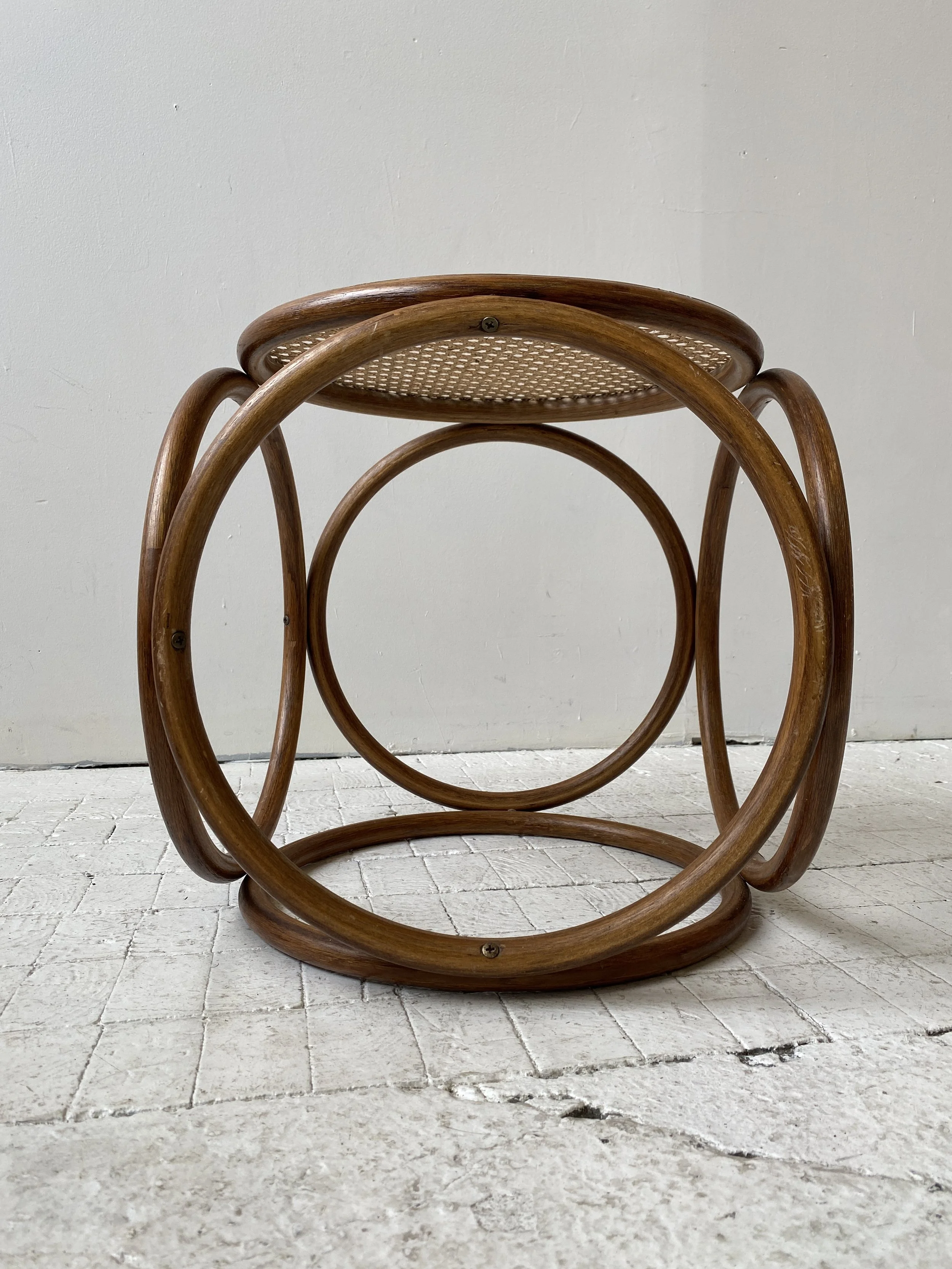 Vintage Thonet Style Bentwood Stool / Ottoman with Rattan