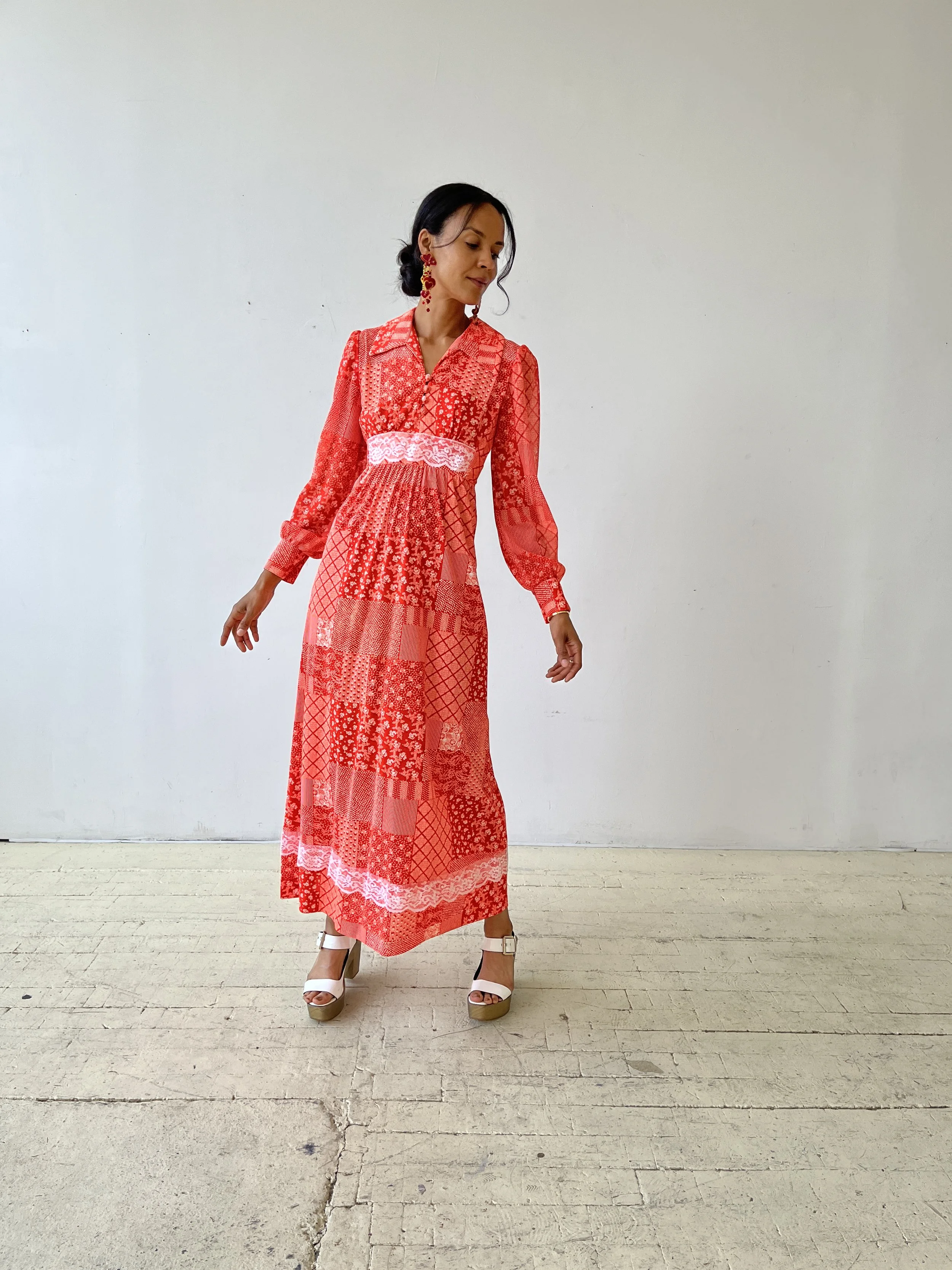 Vintage Printed Prairie Dress with Lace Trim + Bishop Sleeves, Circa 1970s  portmanteau New york