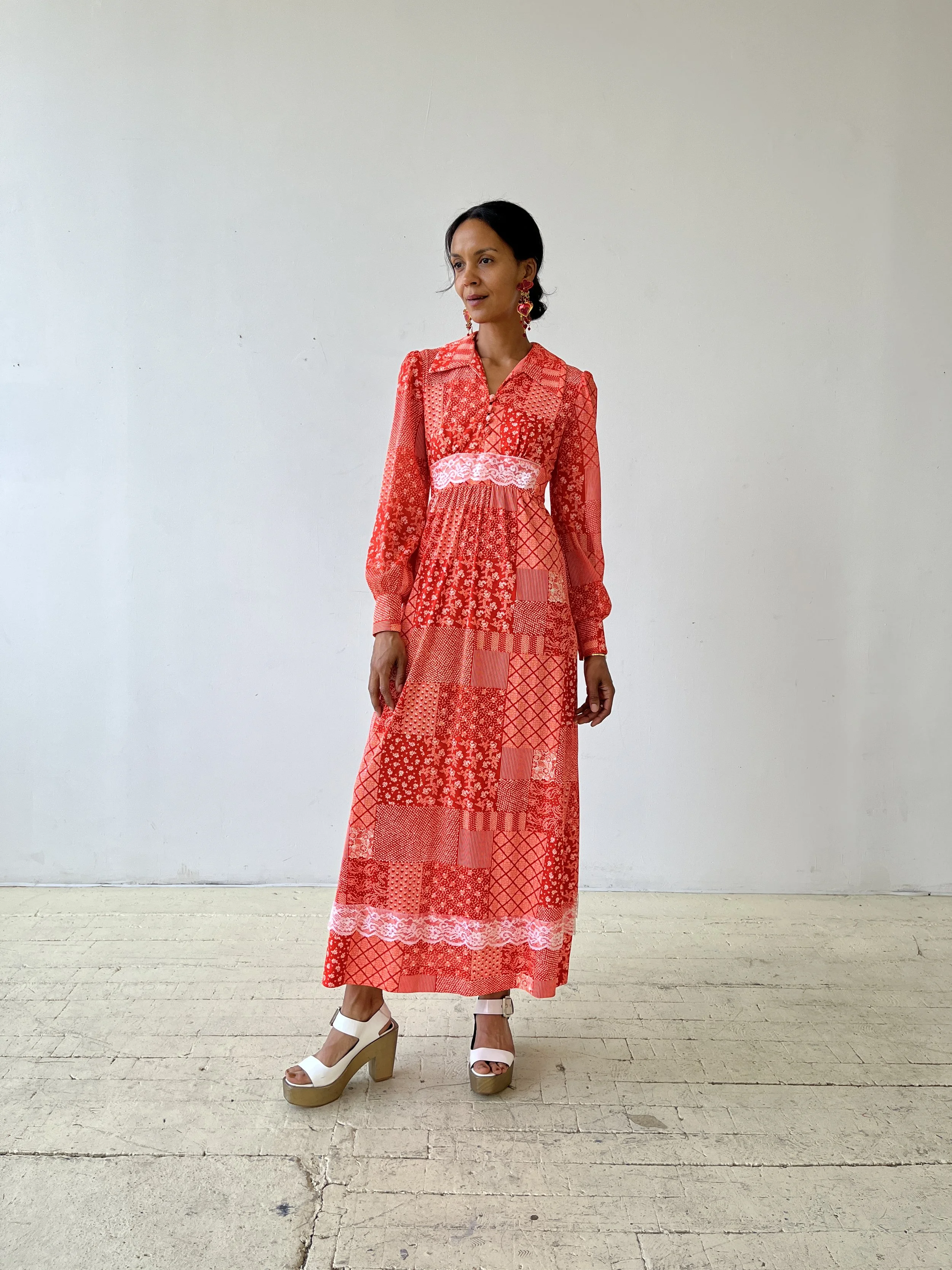 Vintage Printed Prairie Dress with Lace Trim + Bishop Sleeves, Circa 1970s  portmanteau New york