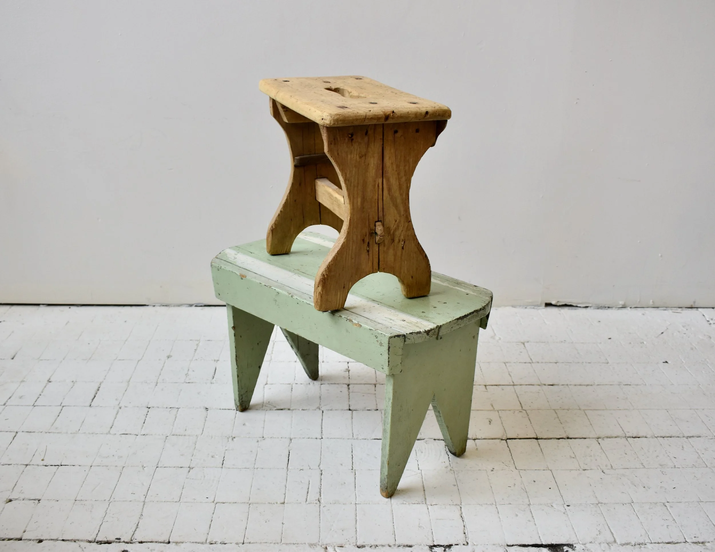 Vintage Seafoam Green + White Painted Wood Stool, Circa 1940s
