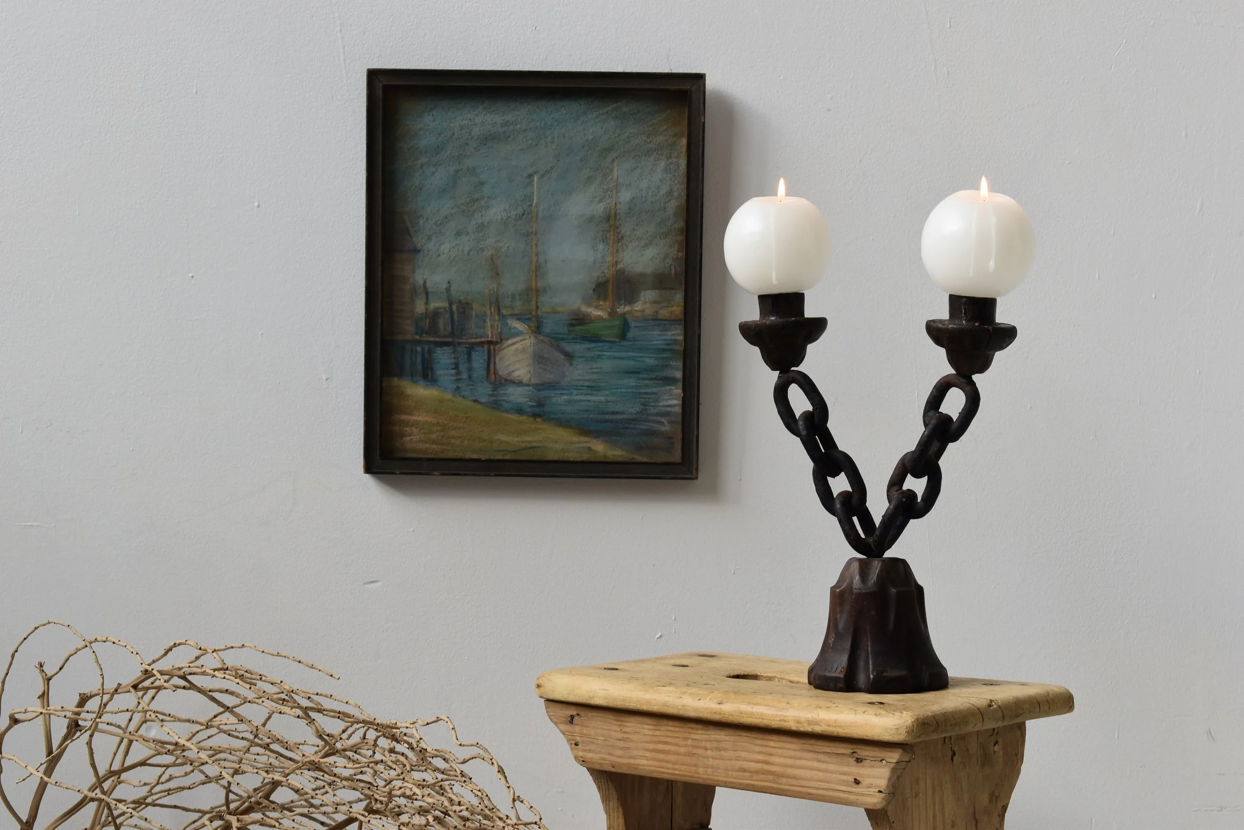 Vintage Spanish Brutalist Iron Chain + Carved Wood