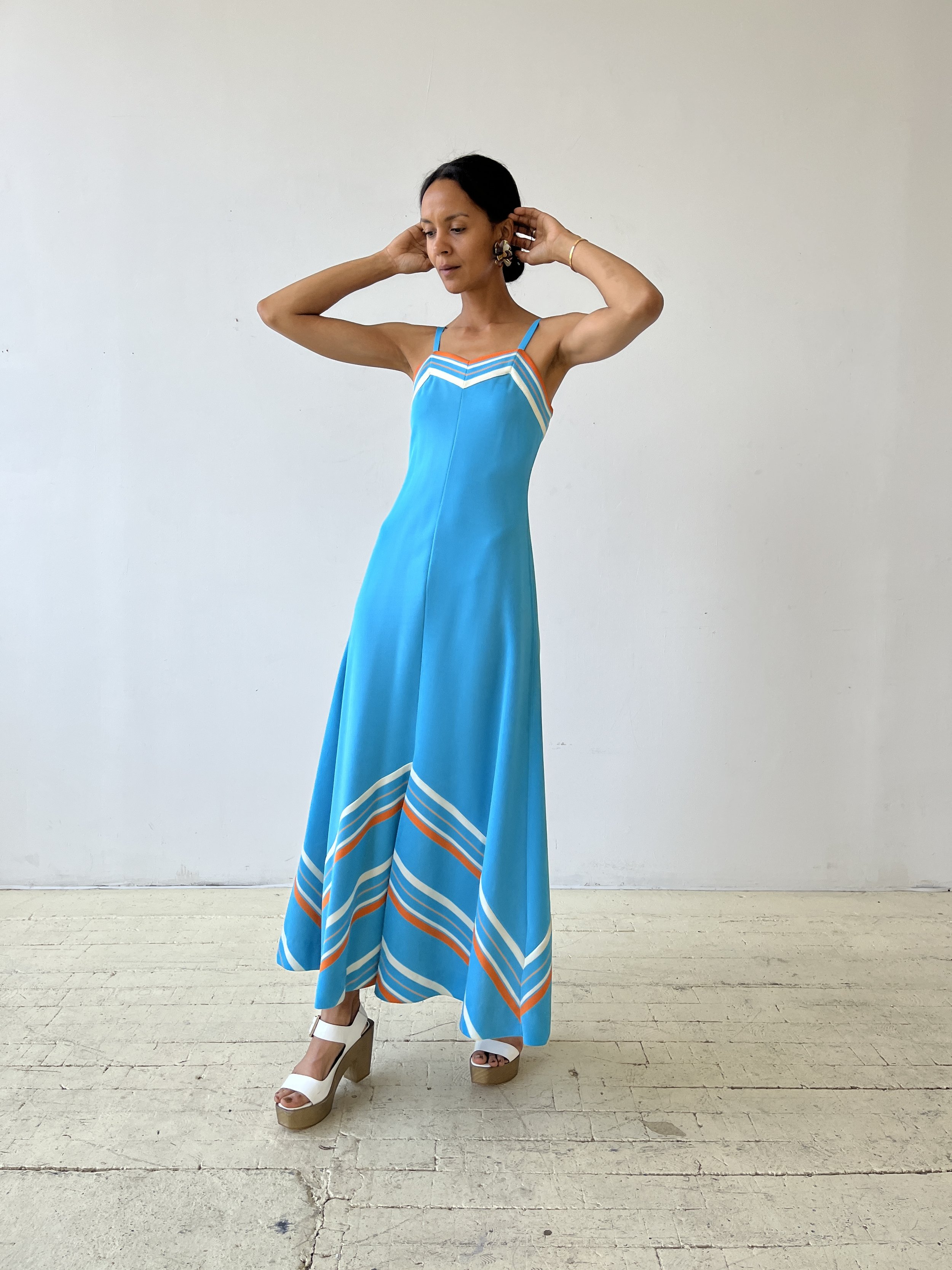 Vintage Chevron Jersey Knit Spaghetti Strap Maxi Dress, Circa 1970s   portmanteau new york