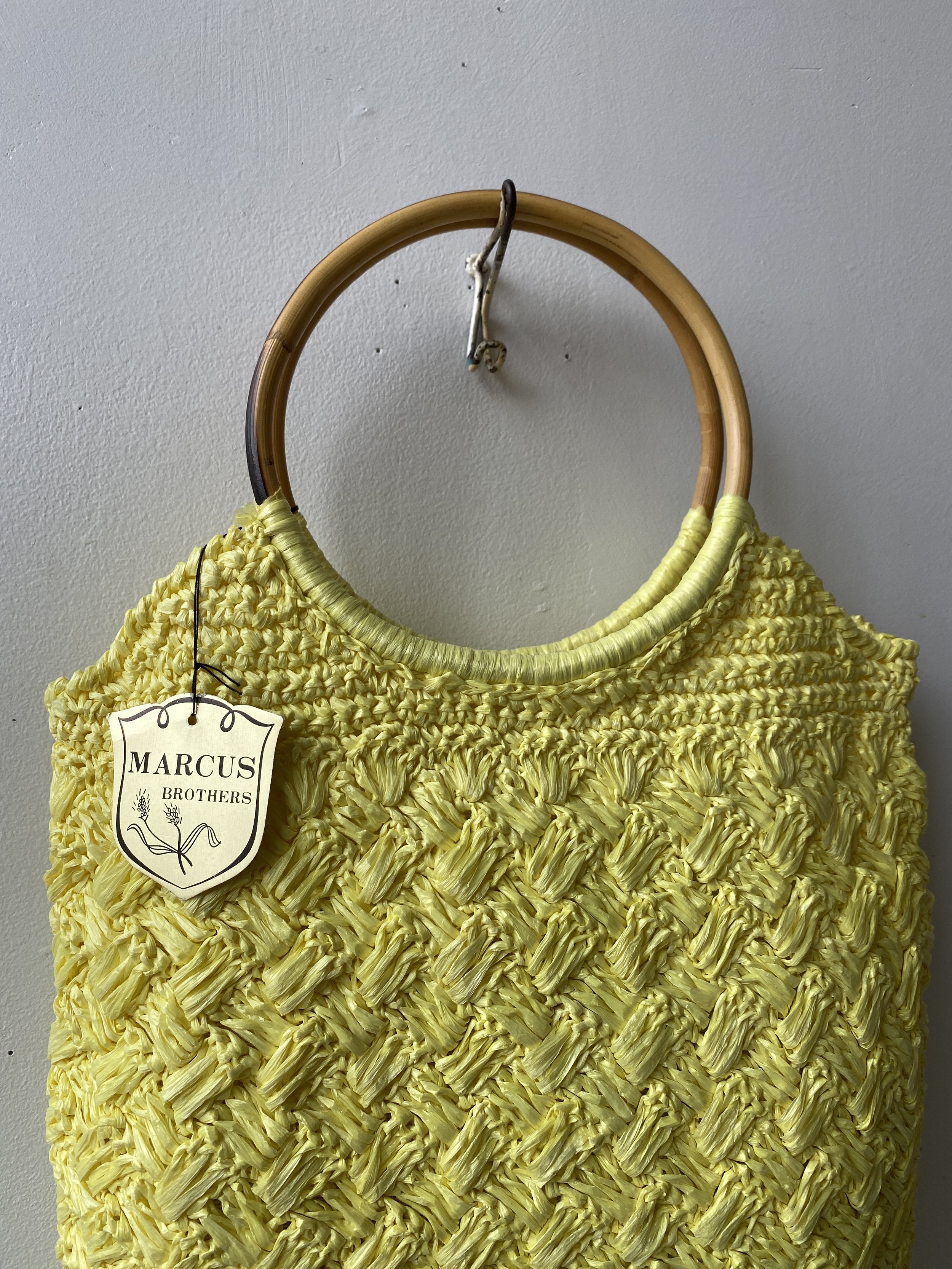 Vintage Yellow Crochet Straw Tote with Bamboo Handles, Circa 1960s