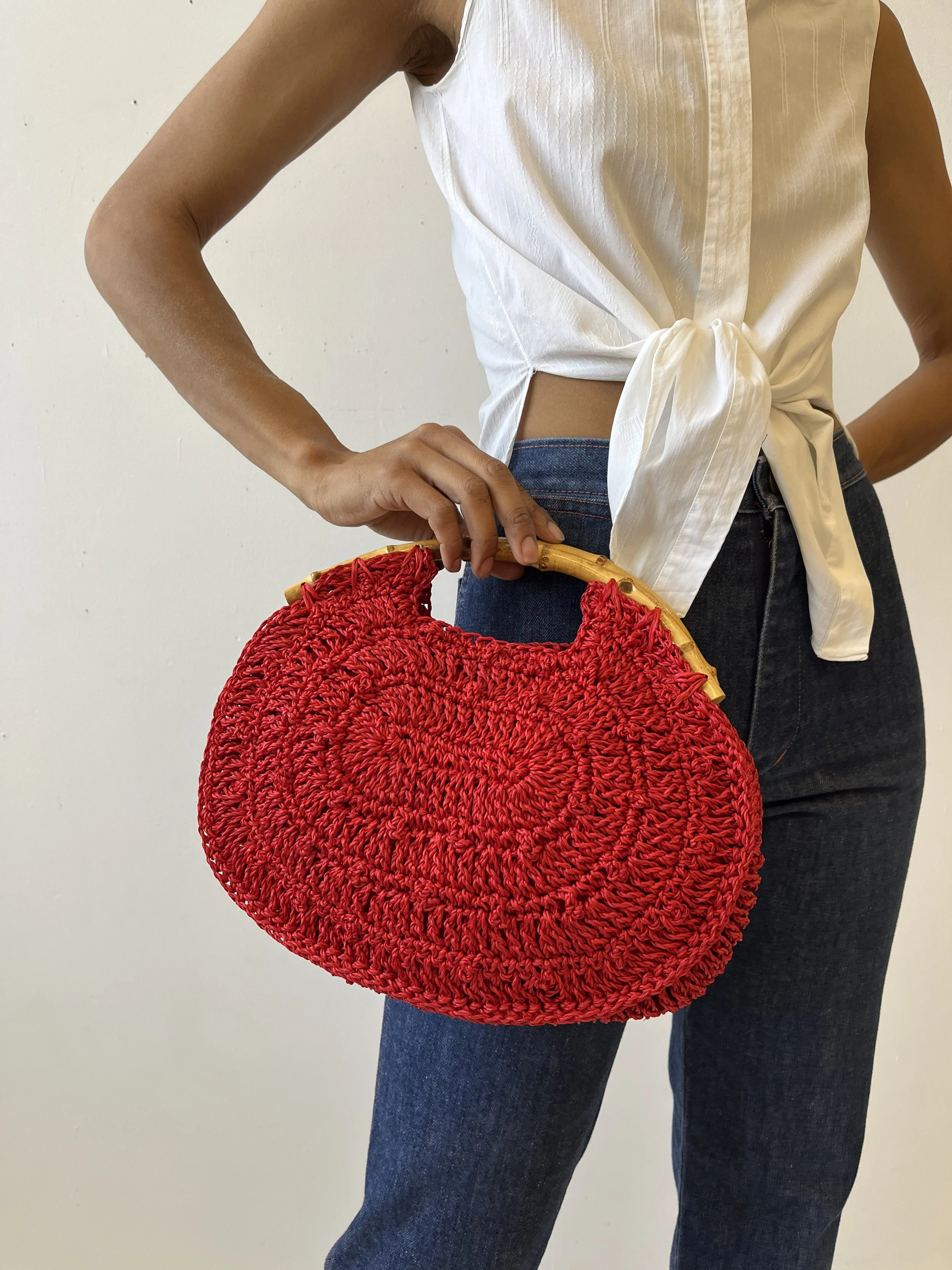 Vintage Yellow Crochet Straw Tote with Bamboo Handles, Circa 1960s