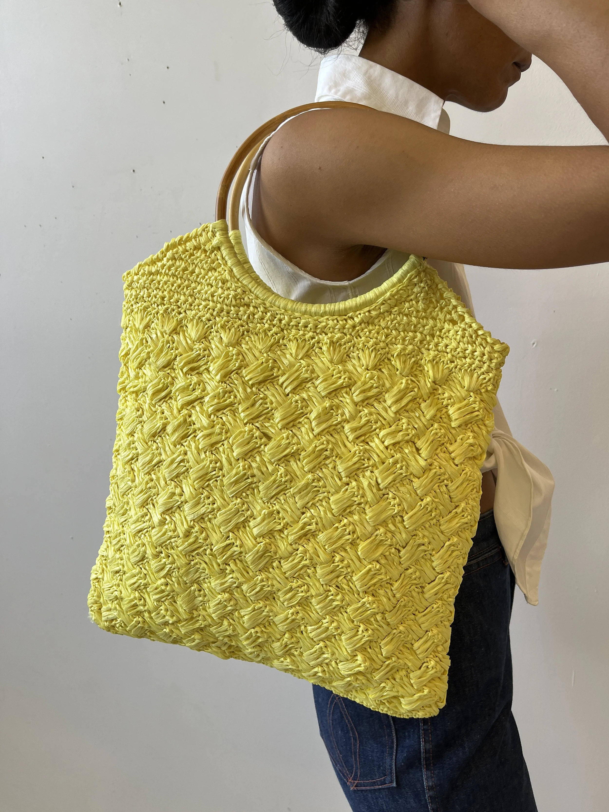 Vintage Yellow Crochet Straw Tote with Bamboo Handles, Circa 1960s