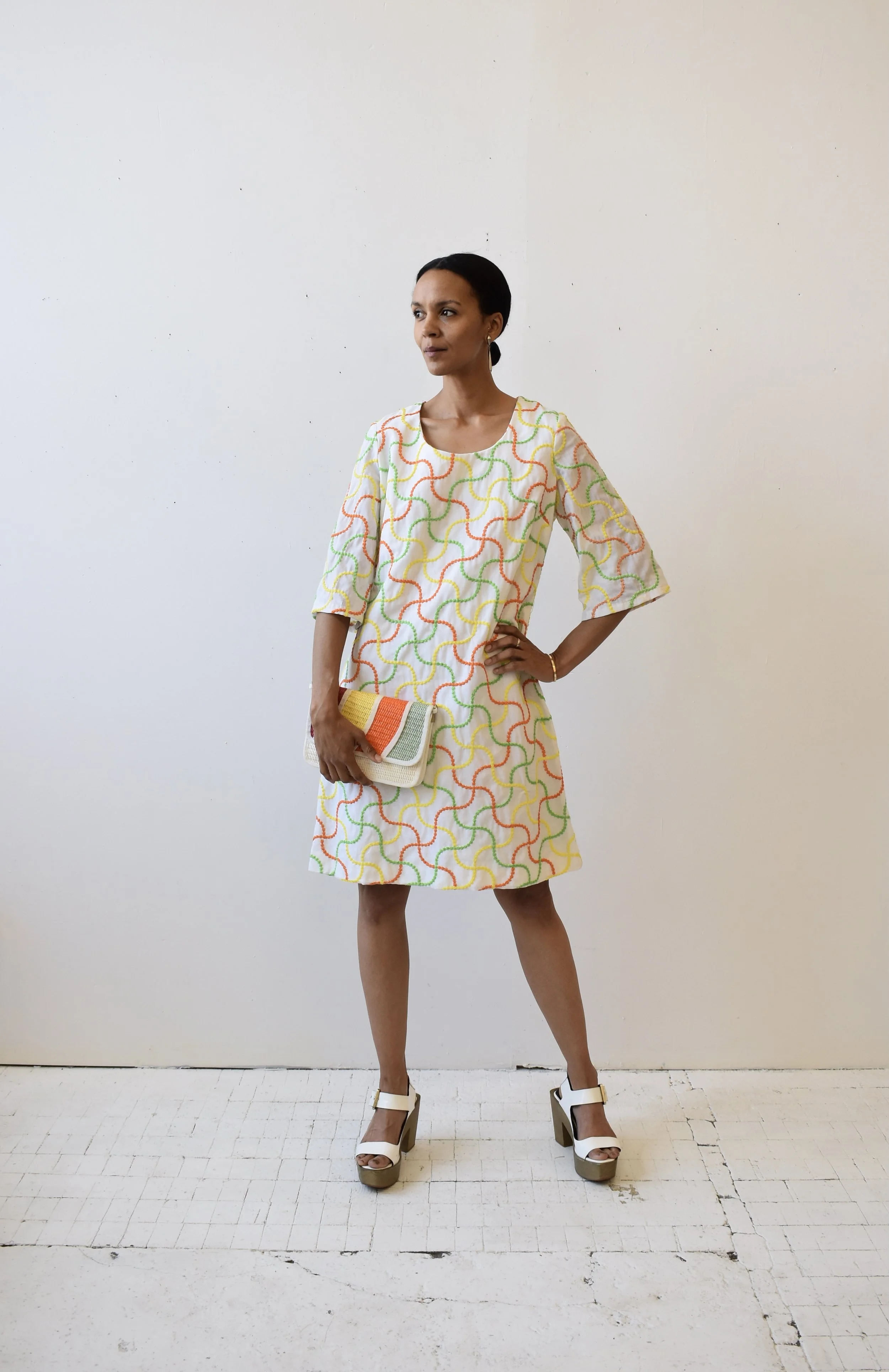 Vintage Squiggle Embroidery Cotton A-Line Dress by Shifts Internationale of Miami, Circa 1960s portmanteau New york Vintage Squiggle Embroidery Cotton A-Line Dress by Shifts Internationale of Miami, Circa 1960s portmanteau New york