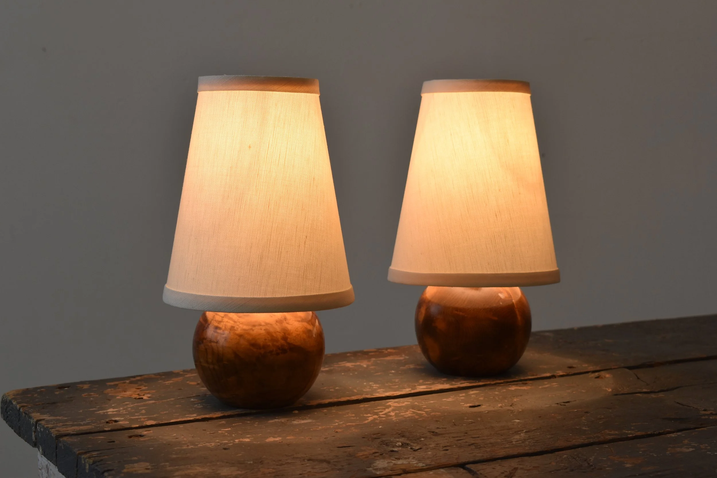 Vintage Small-Scale Oregon Myrtle Wood Orb Table Lamps, A Pair