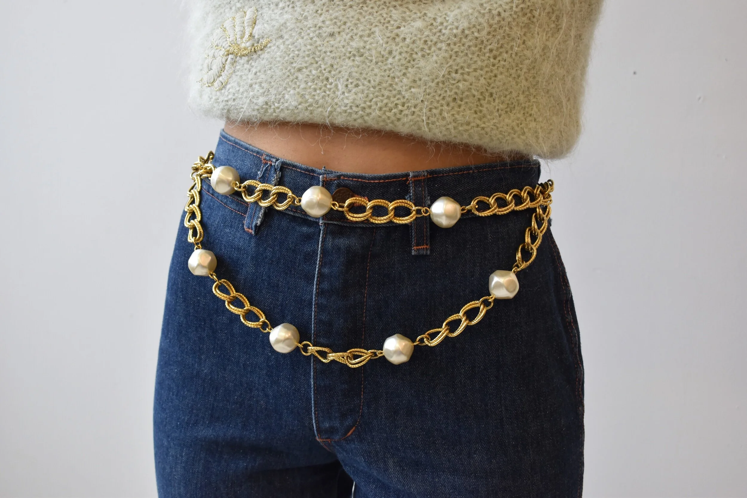 Vintage Gold Link Chain Swag Belt with Faux Pearls, Circa 1990s