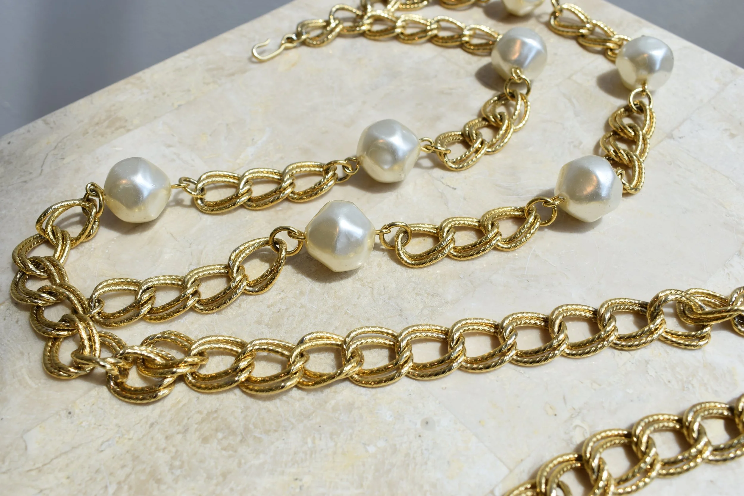 Vintage Gold Link Chain Swag Belt with Faux Pearls, Circa 1990s
