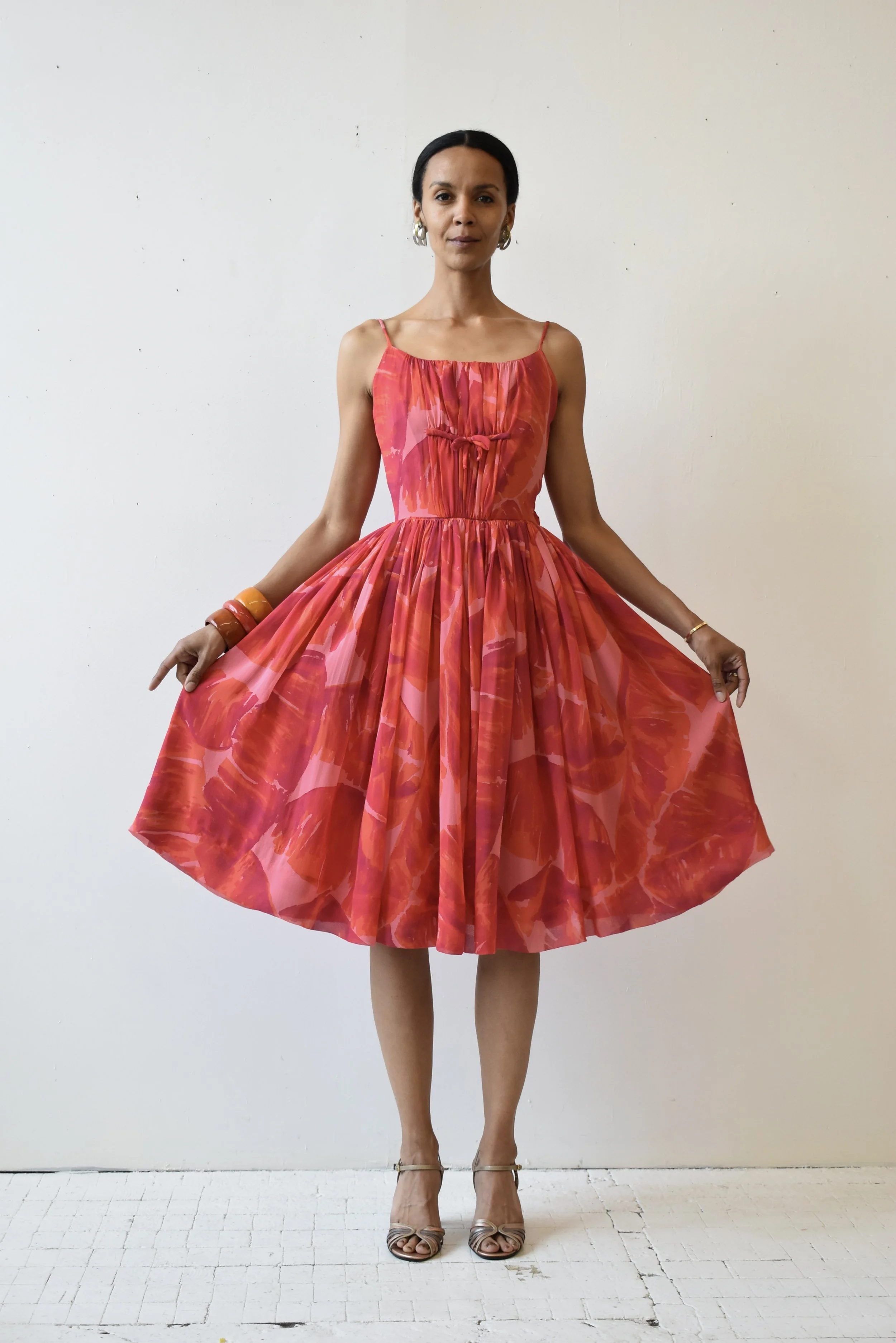 Vintage Mr. Mort Floral Print Ruched Silk Chiffon Dress, Circa 1950s portmanteau New york Vintage Mr. Mort Floral Print Ruched Silk Chiffon Dress, Circa 1950s portmanteau New york