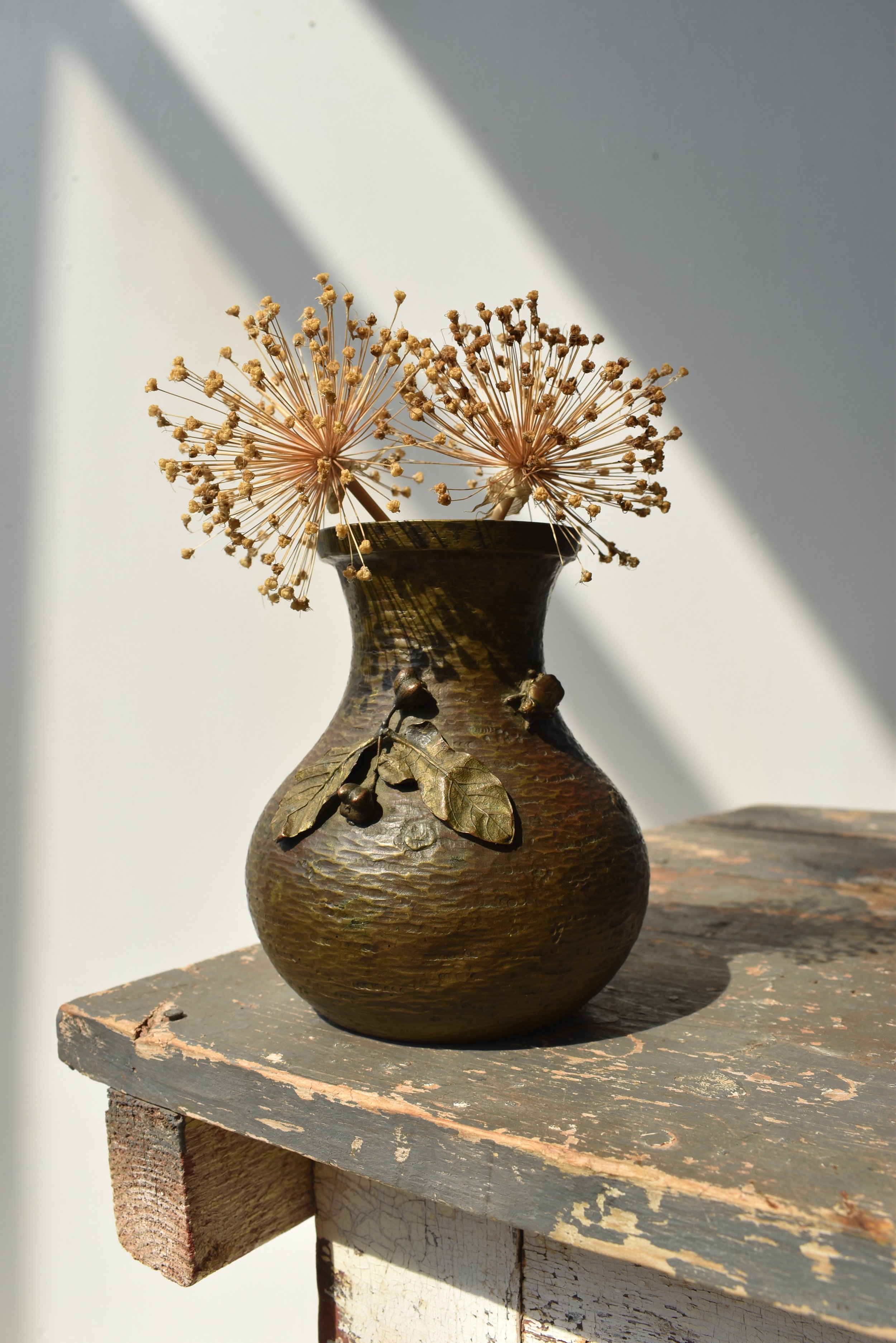 Vintage Aesthetic Movement Hammered Brass Vase, Circa Late