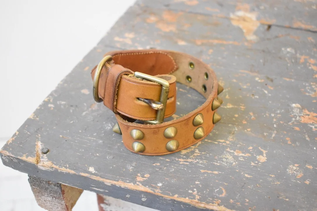 Antique Leather Brass Studded Dog Collar, Made In England, Early 20th Century