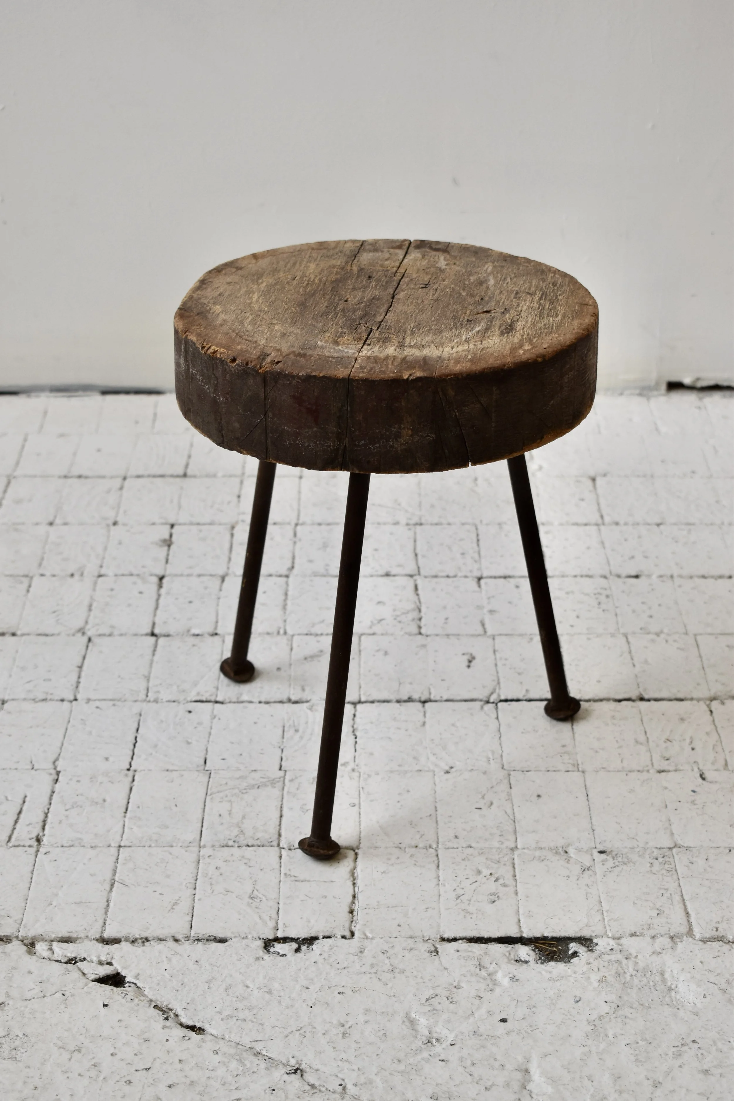 Vintage Folk Art Wood Slab Tripod Stool with Iron Legs, Circa 1950s
