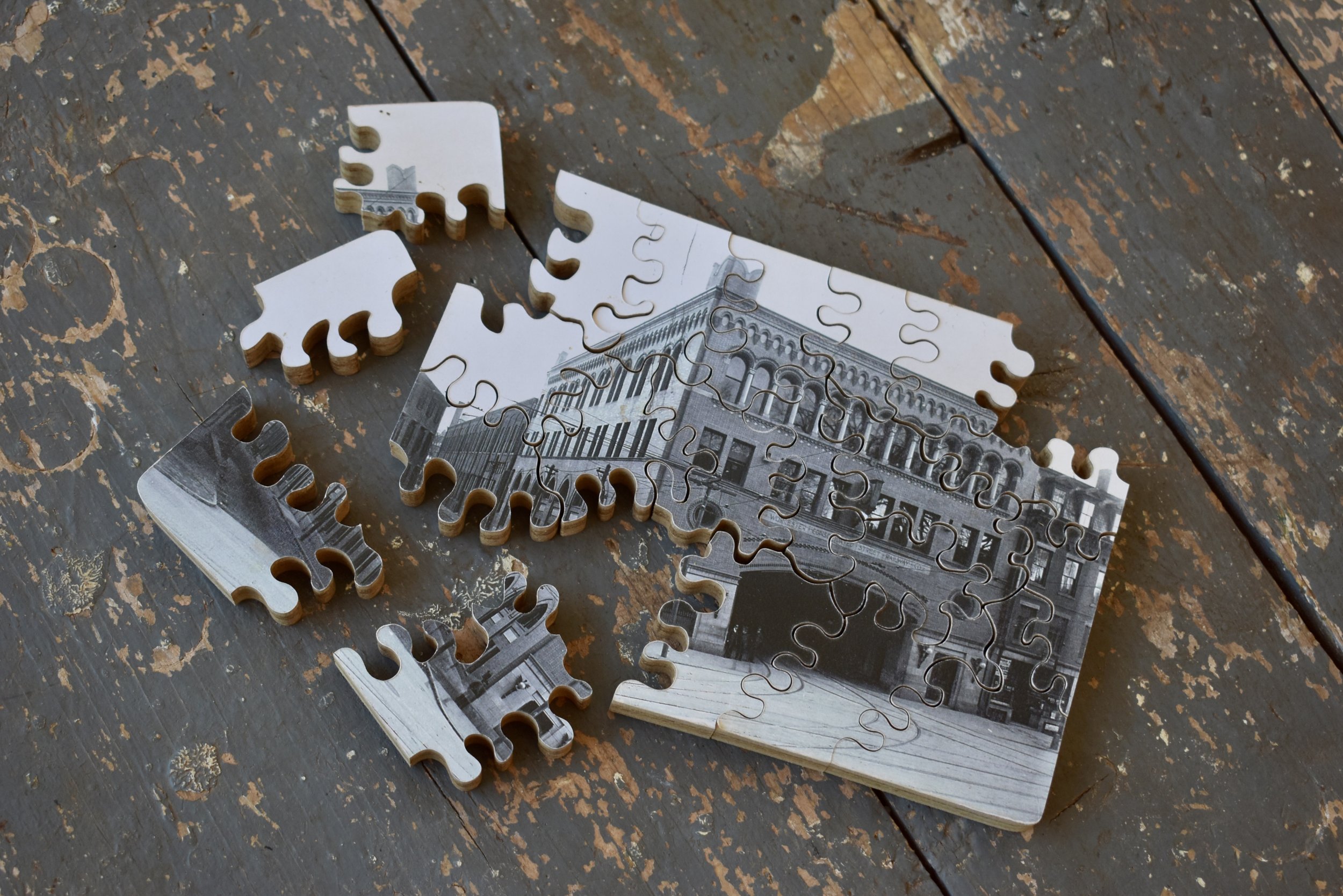 Vintage Black + White Wood-Mounted Photo Puzzle of Worcester Trolly Depot, Circa 1940s-50s