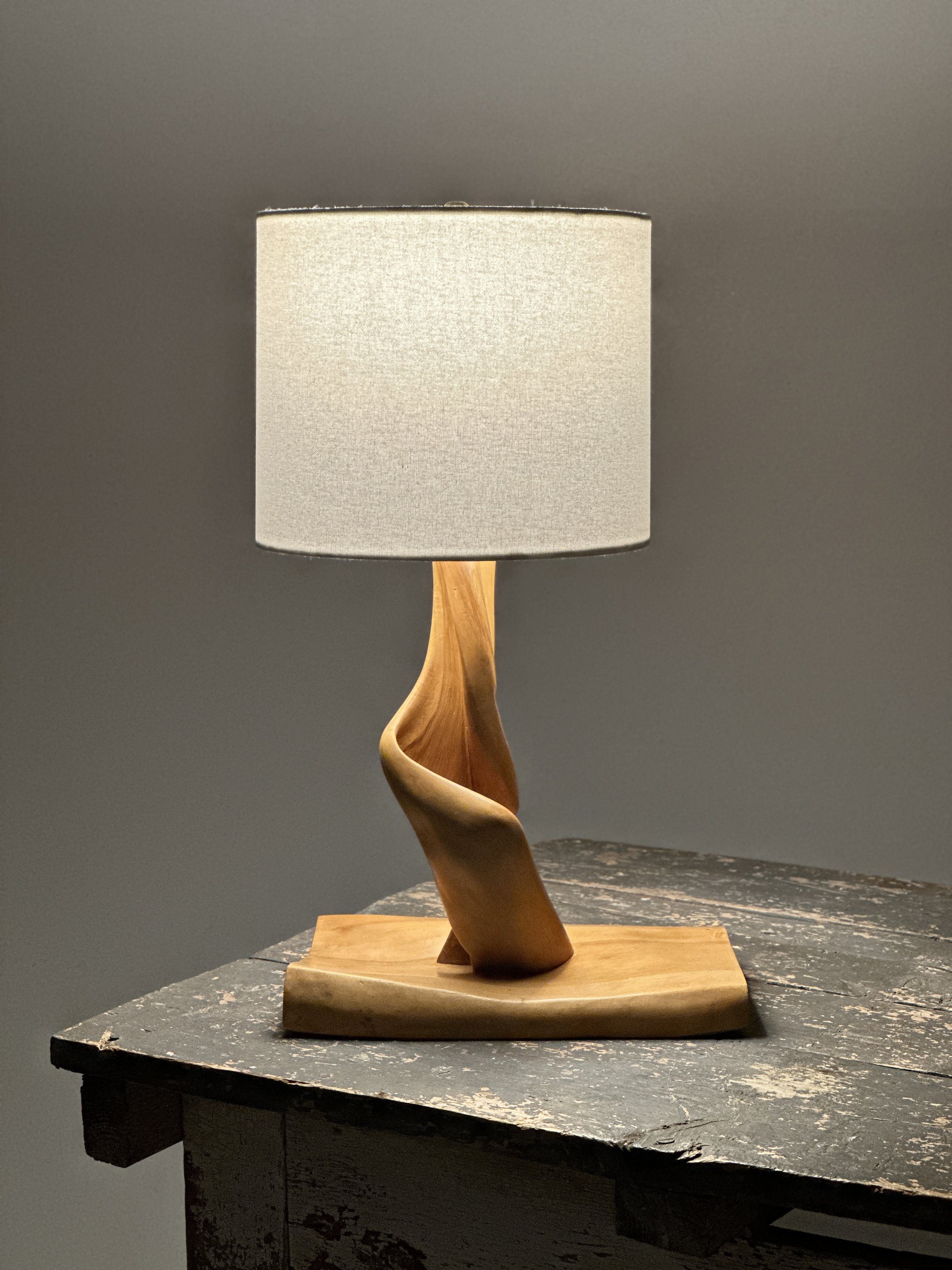 Vintage Folk Art Twisted Maple Table Lamp, Circa 1950s 