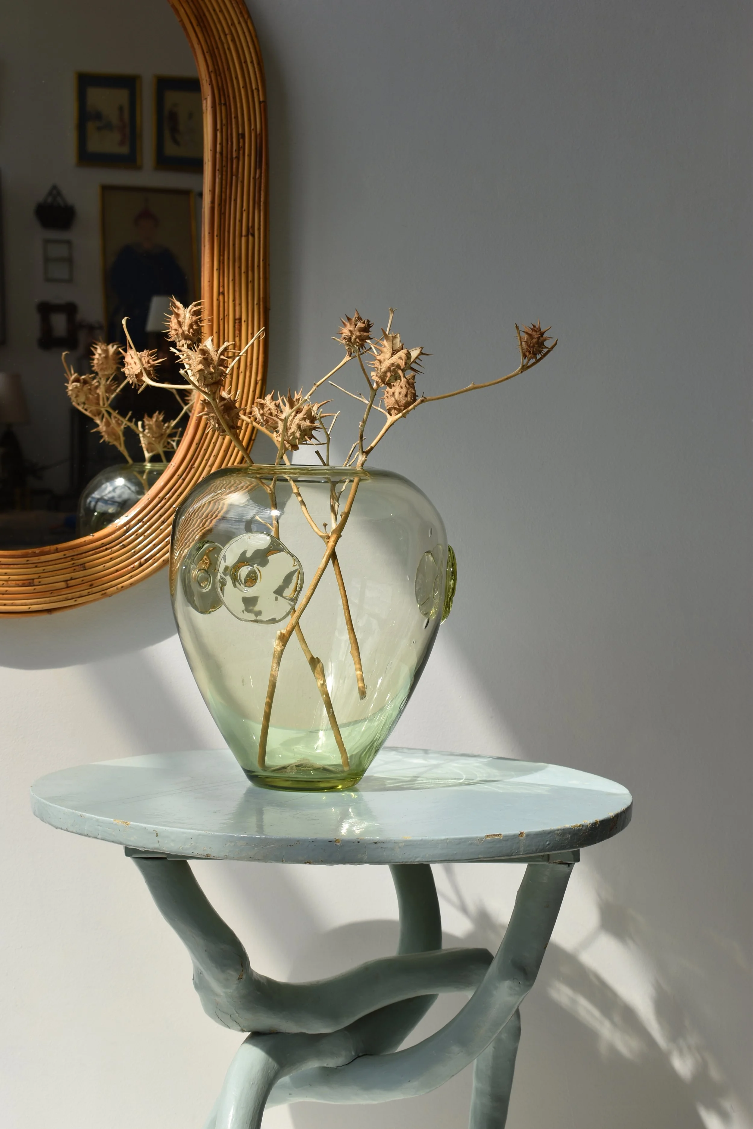 姫鏡台　前黒柿　vintage mirror 組み立て式　民藝 Vintage Large-Scale Oval Pencil Reed Framed Mirror, Circa 1960s