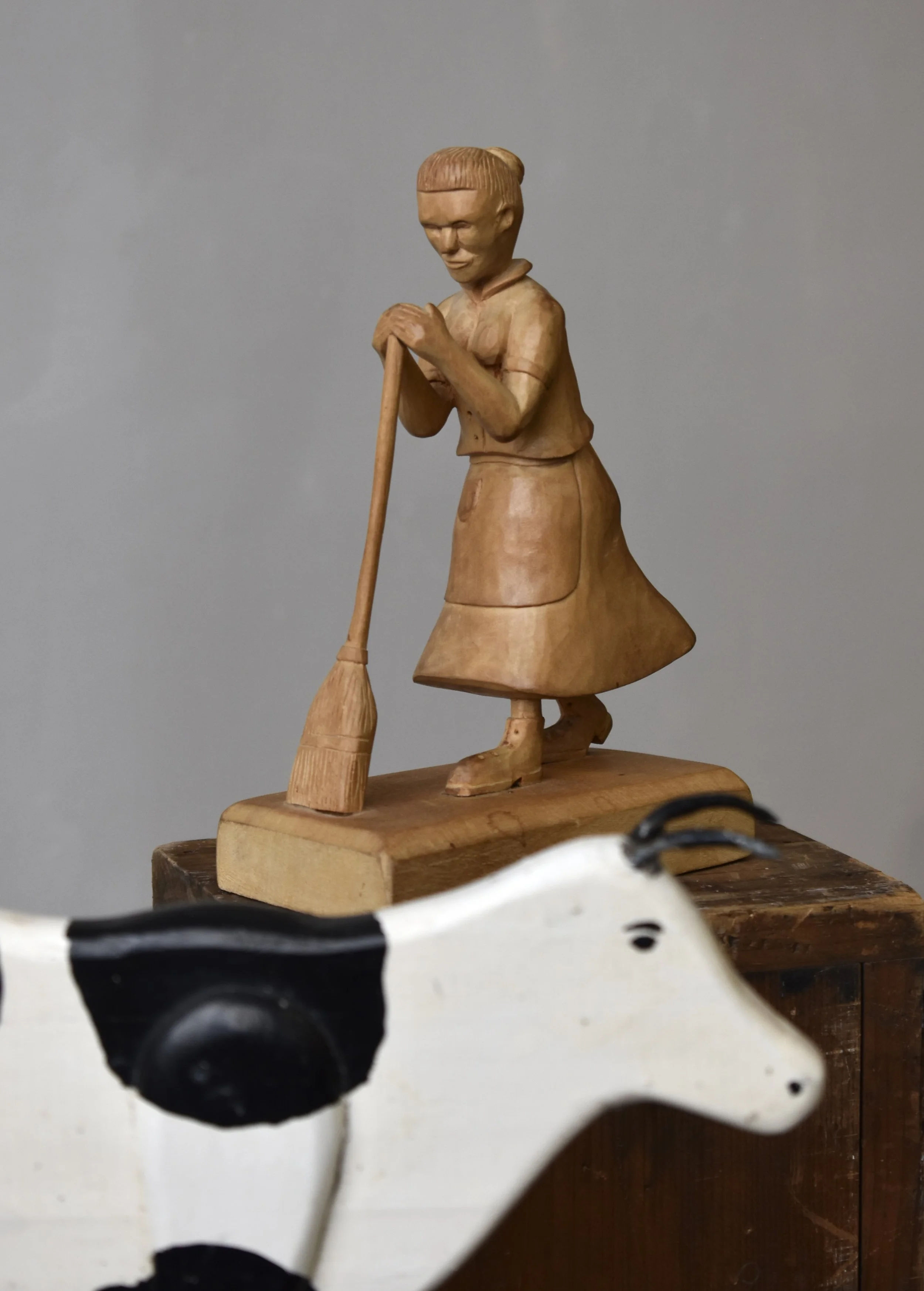 Vintage Dynamic Hand-Carved Blonde Wood Figure with Broom