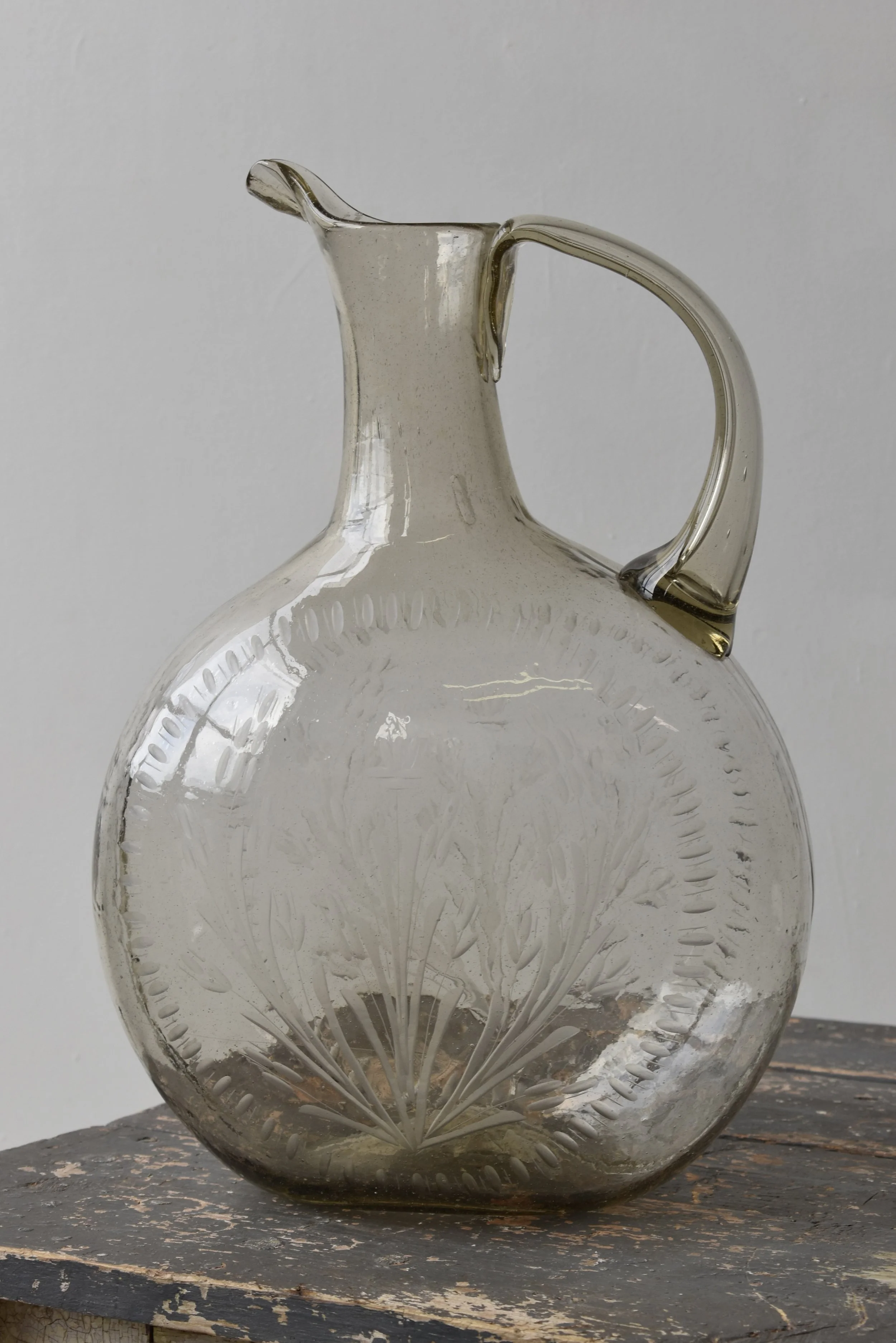 Antique Large-Scale Mold Blown Glass Wine Ewer / Claret Jug with Etched  Design, Circa Late 19th Cen  portmanteau new york