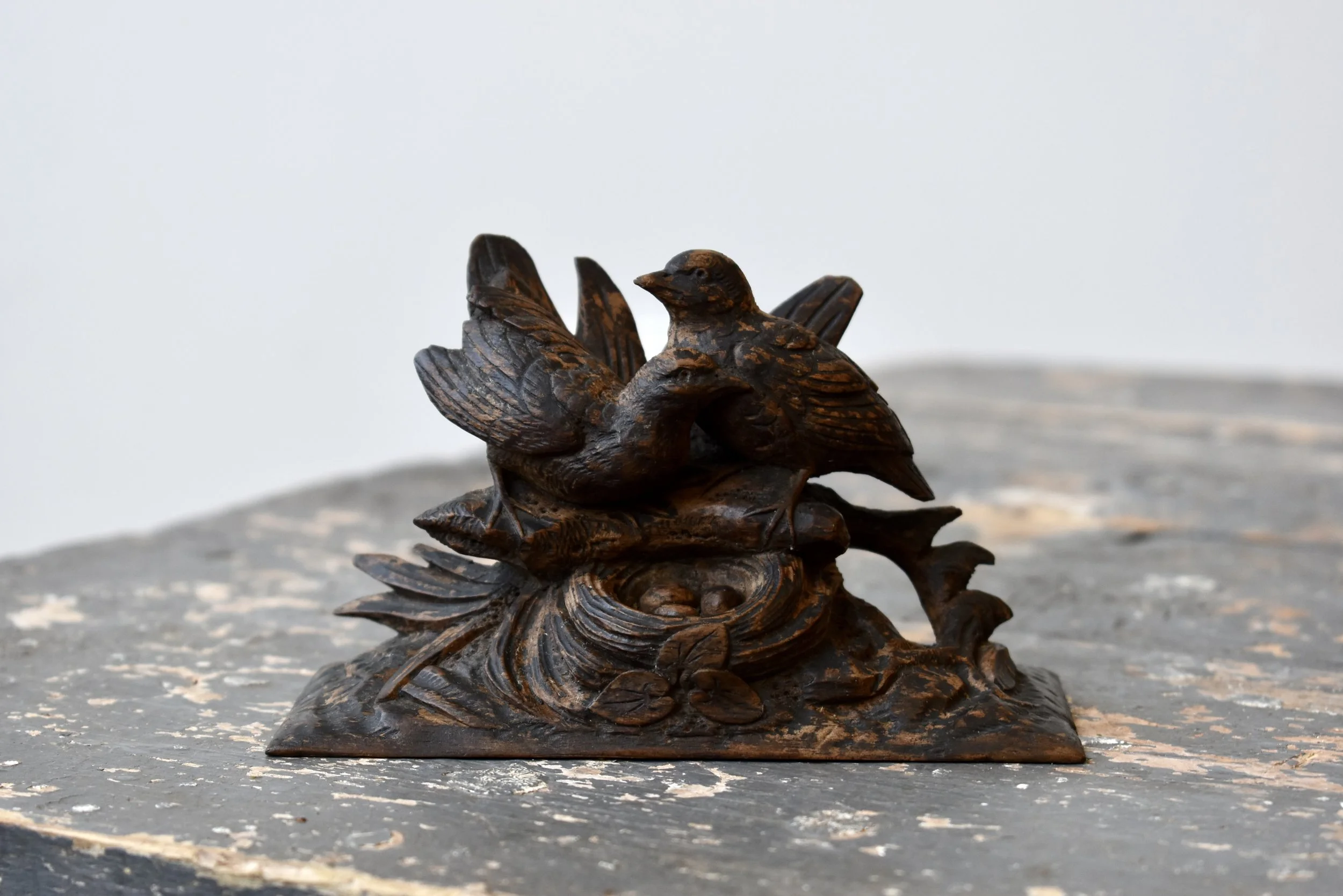 Antique Hand-Carved Black Forest Wood Birds + Nest Sculpture, Circa Late 19th Century