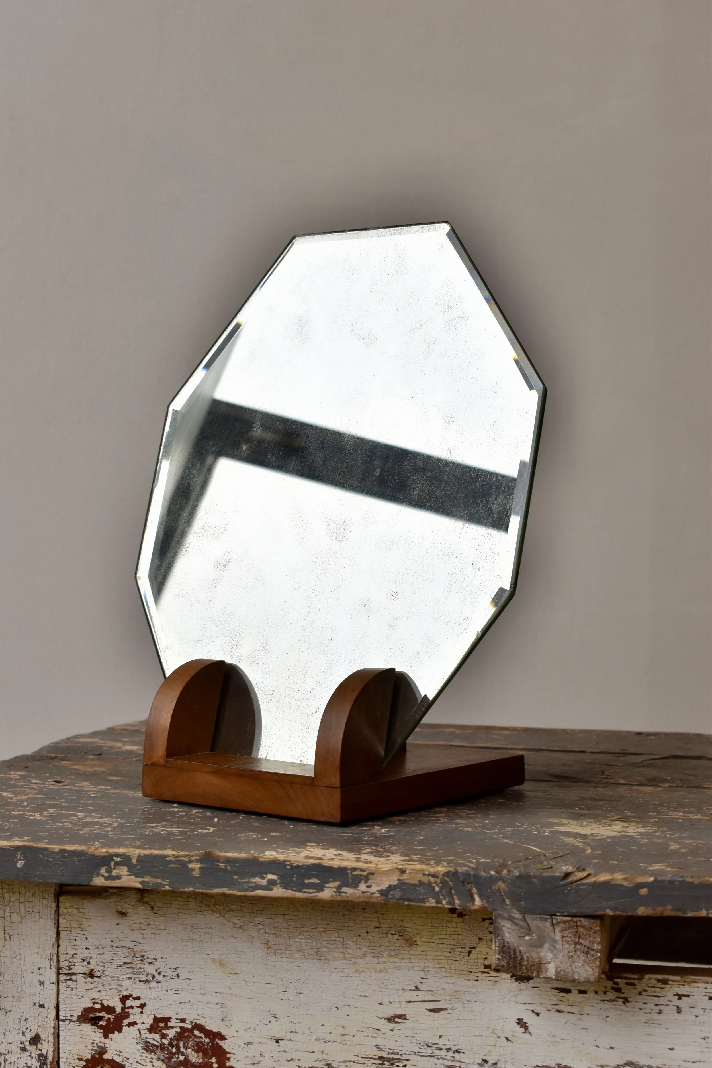 Vintage Octagon Tabletop Vanity Mirror With Walnut Base, Circa 1940s